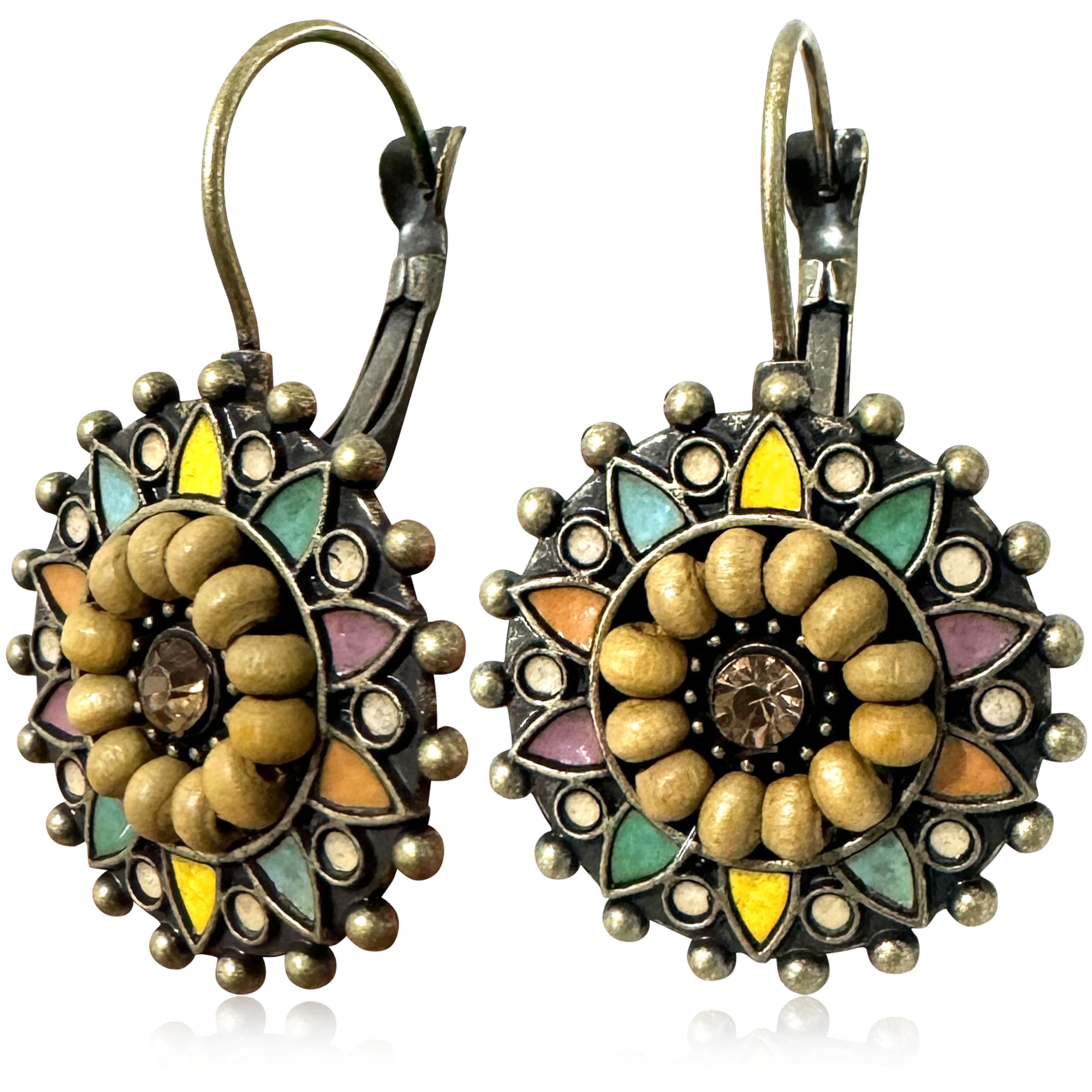 Bohemian Vintage Bronze Geometry Round Enamel Flower Dangle Hoop Lever Back Earrings Ethnic Handmade Wooden Beaded Circle Disc Teardrop Dangle Drop Earrings For Women