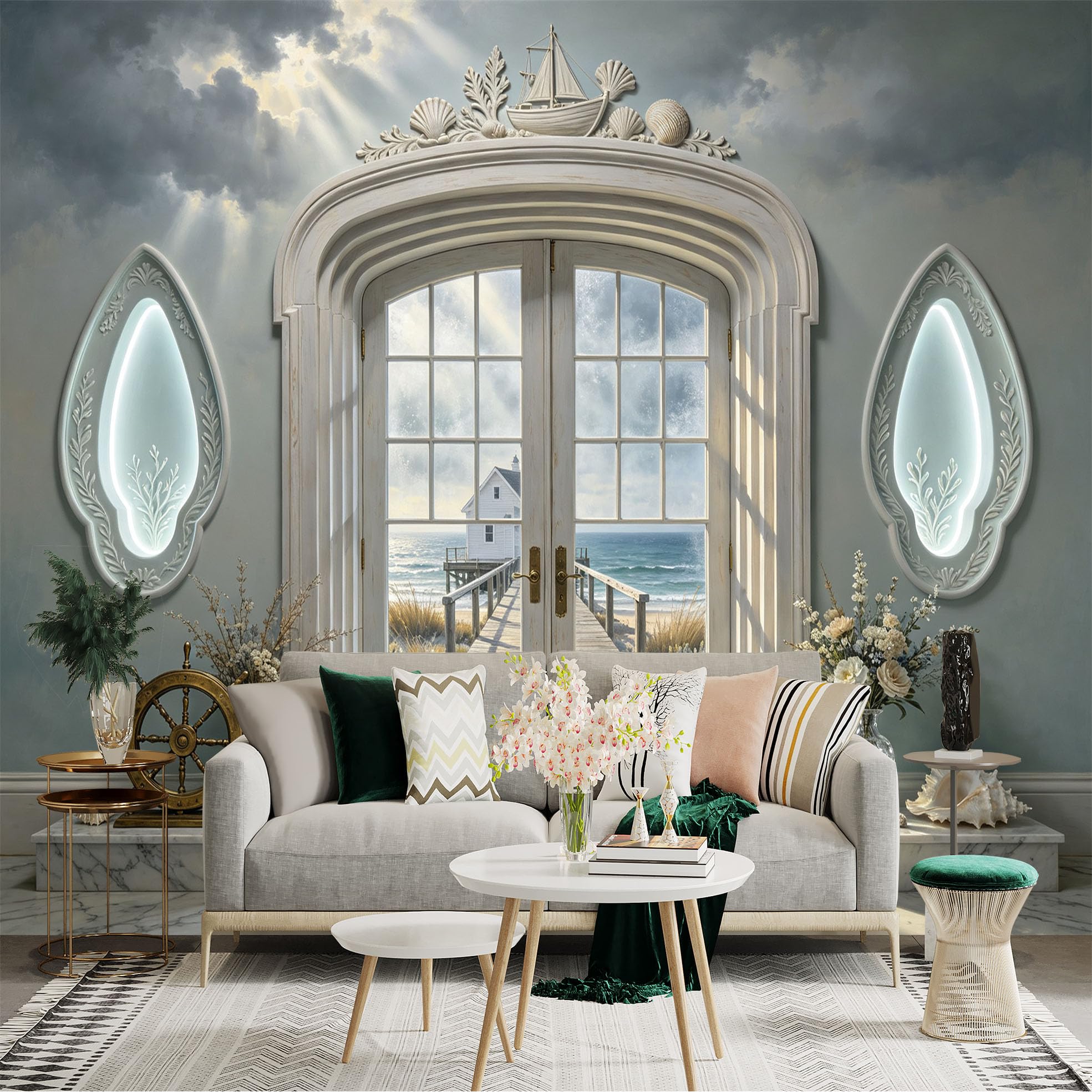 Custom Size Wall Sticker Mural， Coastal Cottage Ocean View Pier and Seaside Doorway， for wall Decoration， peelandstick wall Decals.