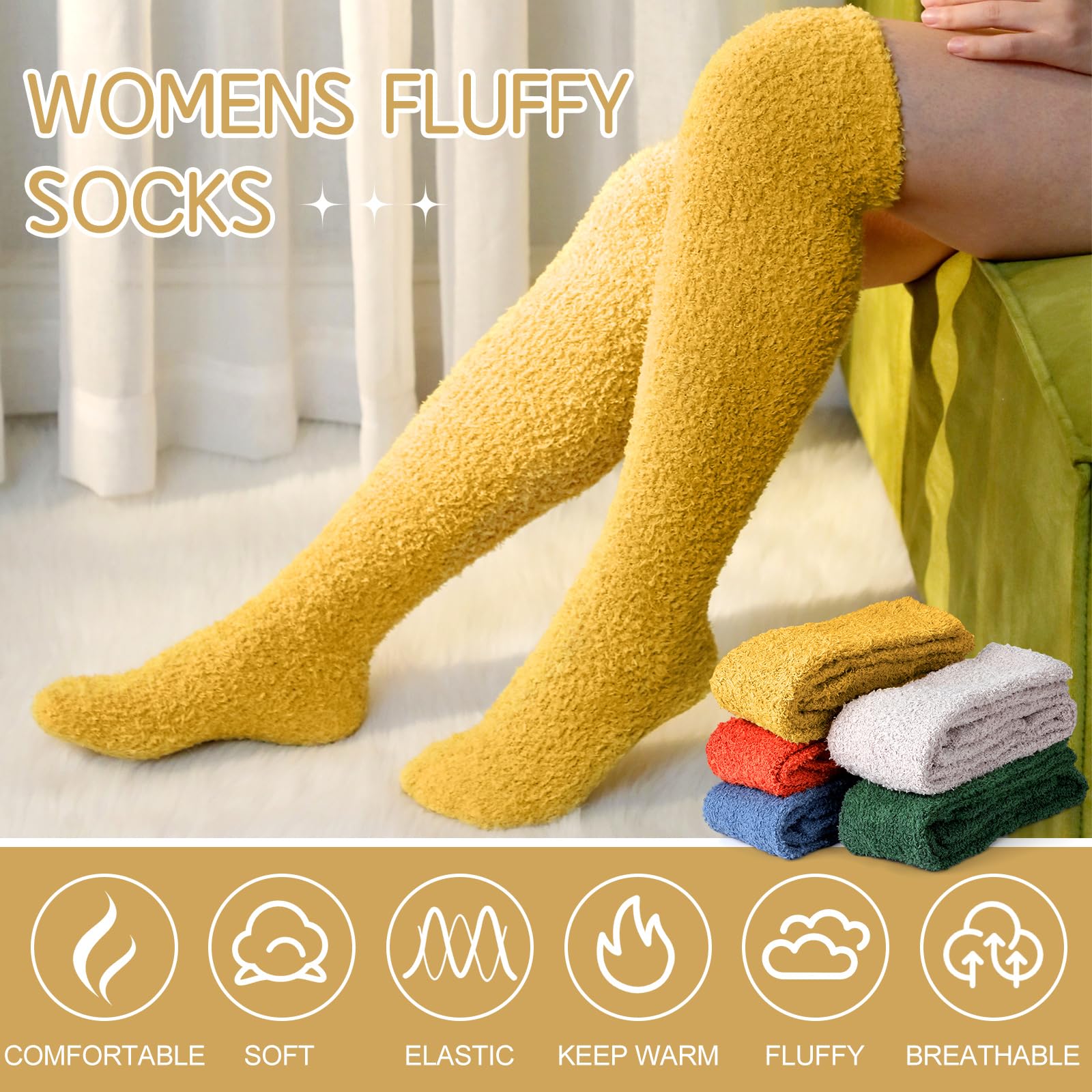 Liitrsh 6 pares de calcetines mullidos hasta la rodilla para mujer, suaves, largos hasta el muslo, cálidos, acogedores, calcetines de felpa