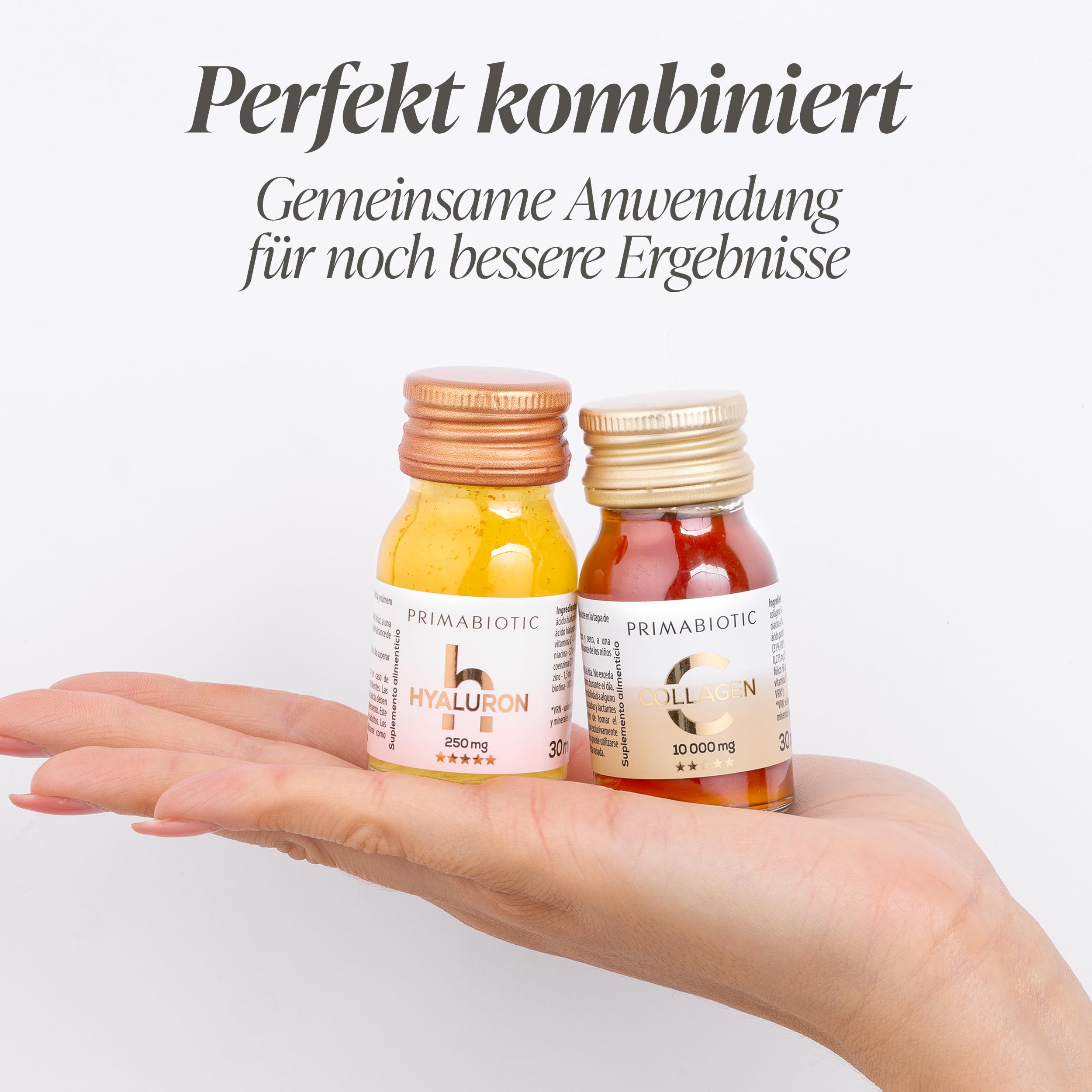 Kollagen Trinkampullen – Primabiotic Collagen Peptide 10000 mg | 30 Ampullen à 30 ml (900 ml + Hyaluronsäure Trinkampullen – Primabiotic Hyaluron 250 mg | 30 Shots à 30 ml (900 ml)