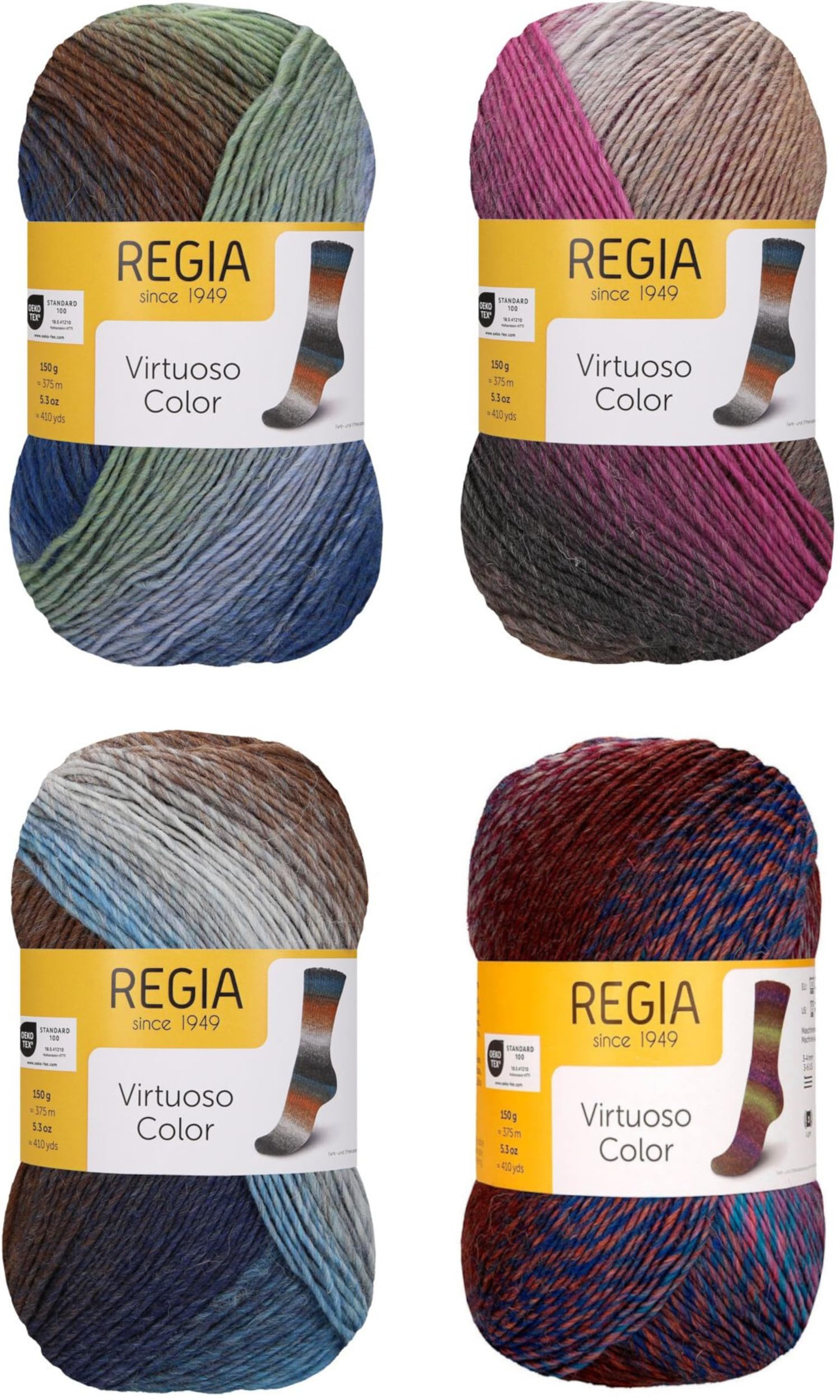 Strumpfwolle - 6fädig- Regia - Colorfarben - Sockenwolle Set 4x150gr Knaul - 375 m Lauflänge pro Knaul - filzfrei und superwash (Regia Set 2)