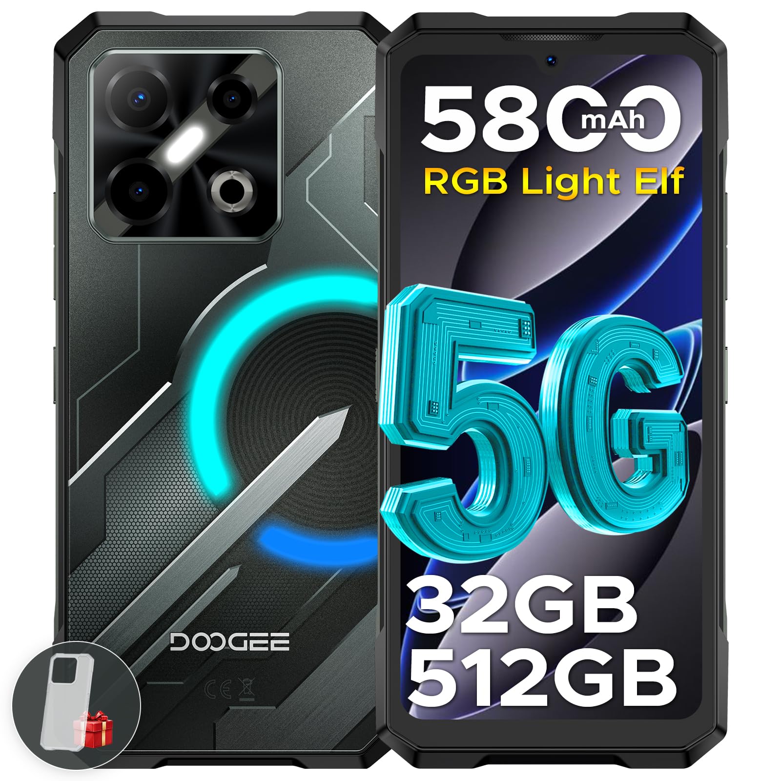 DOODEE Blade GT Pro 5G Rugged Phone with LED Light Effect,32GB+512GB/2TB Rugged Smartphone,6.72” FHD+120Hz, 5800 mAh Android Phone,100MP+32MP AI Camera/Face& Finger ID/NFC,Black
