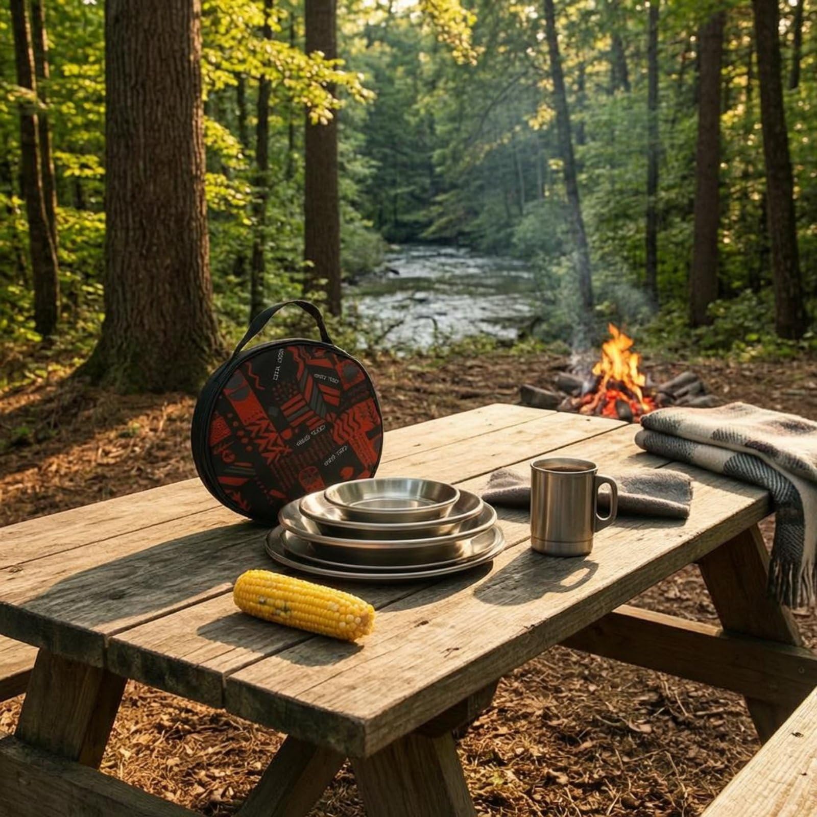 12 Pieces Vaisselle Camping en Acier Inoxydable Rond Ensemble Repas Randonnée Portable Set Couverts Plein Air