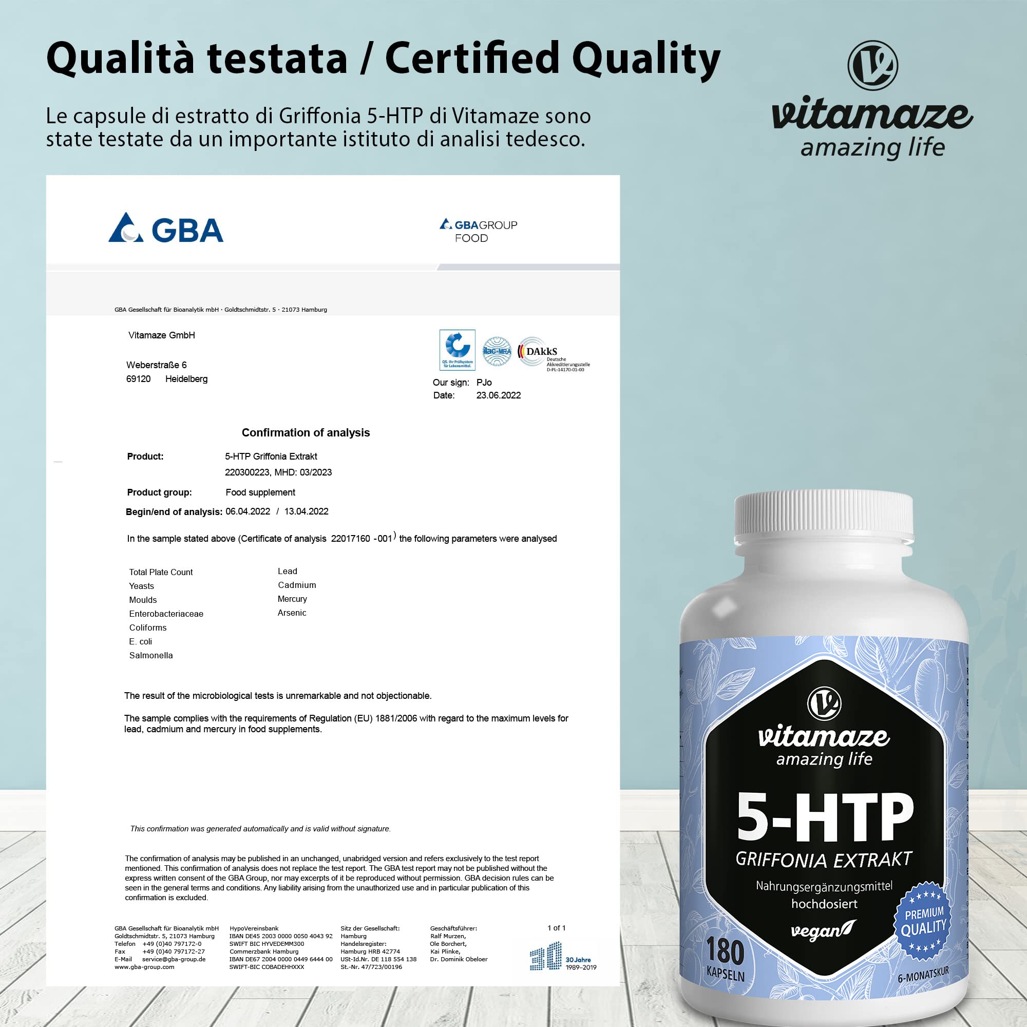 Vitamaze® Griffonia 5-HTP Alto Dosaggio 600 mg, 180 Capsule (per 6 Mesi) Vegane di Estratto di Semi di Griffonia Potente Dosi, Integratore senza Additivi non Necessari, Qualità Tedesca