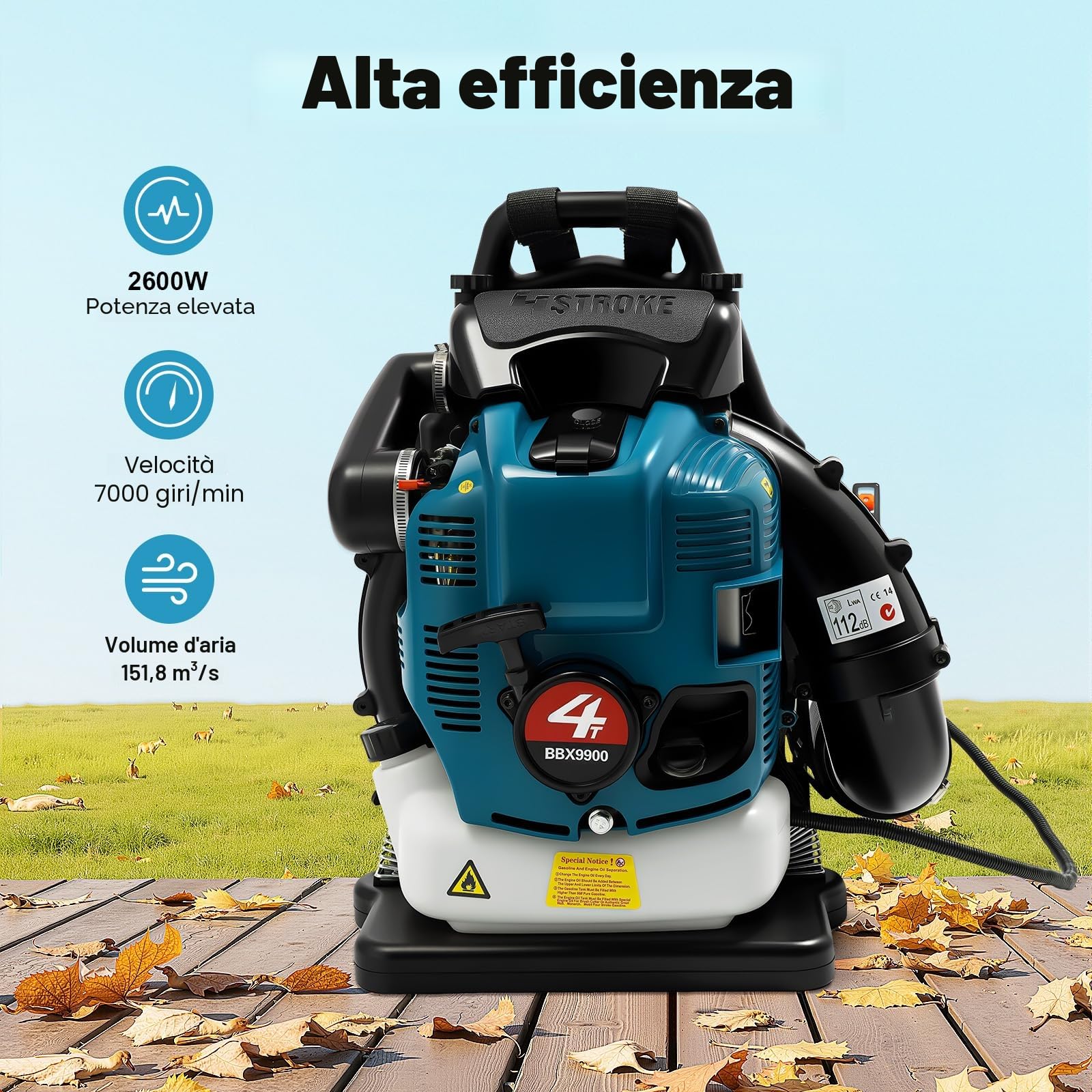 Soffiatore per Foglie a Scoppio a Zaino 4 Tempi 75,6 cc Soffiatore a Scoppio 2600W 7000 Giri/min Soffiatore Foglie Velocità Regolabile 14.1m³/s Aspirafoglie a Benzina 168 cm con Serbatoio da 1,9 litri