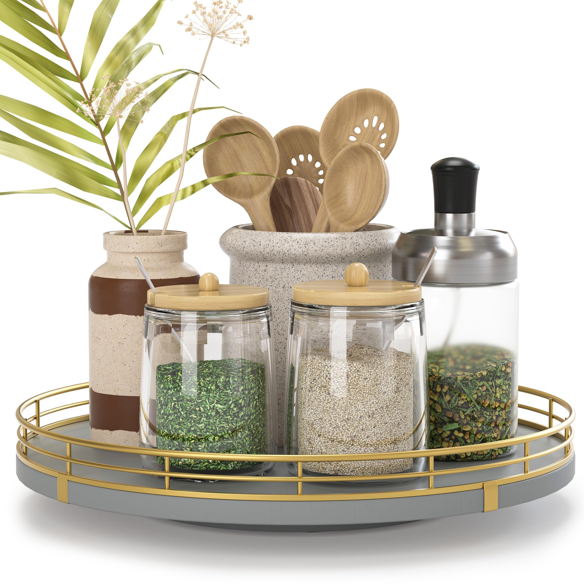Oroutor 10-Inch Gray Wooden Lazy Susan Spice Organizer for Cabinet