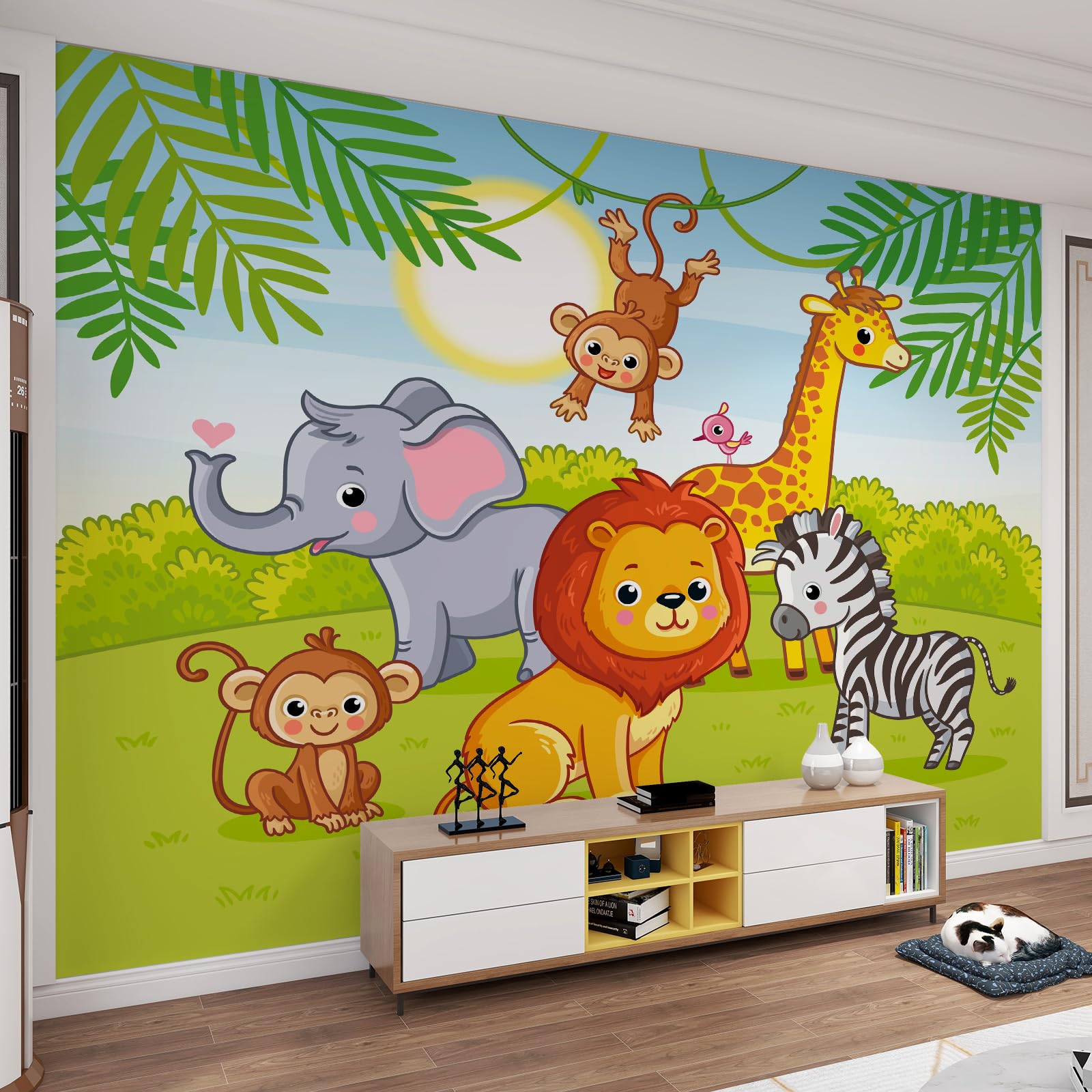 Papier peint panoramique forêt et lion sauvage texture douce 200x140 cm