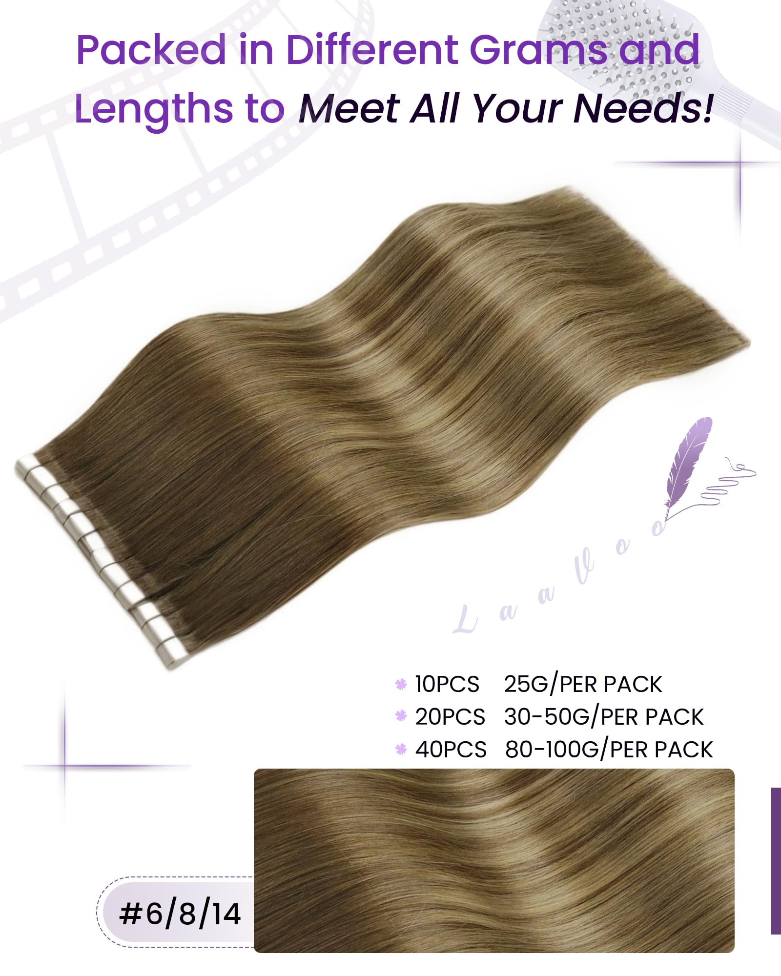 LaaVoo Tape in Hair Extensions Human Hair 50g Tape Hair Extensions Real Human Hair Invisible Tapes Remy Straight Balayage Brown Shadows Hair Double Sided Tabs 20pcs 24 Inch #6/8/14 - Image 4