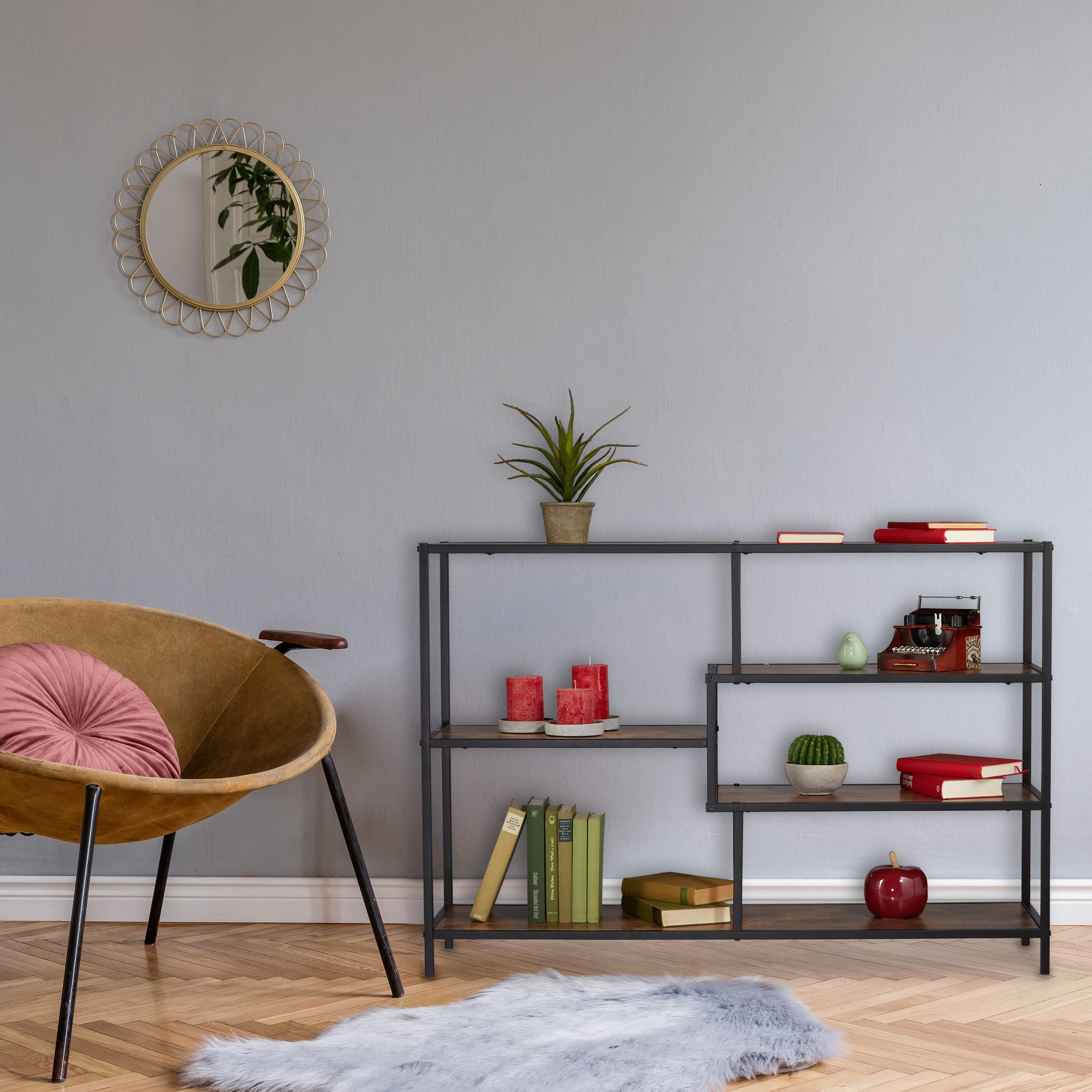 Relaxdays Scaffale in Stile Industrial, 5 Ripiani Effetto Legno Mobile Vintage Consolle 79x115x33 cm, Nero Marrone Scuro