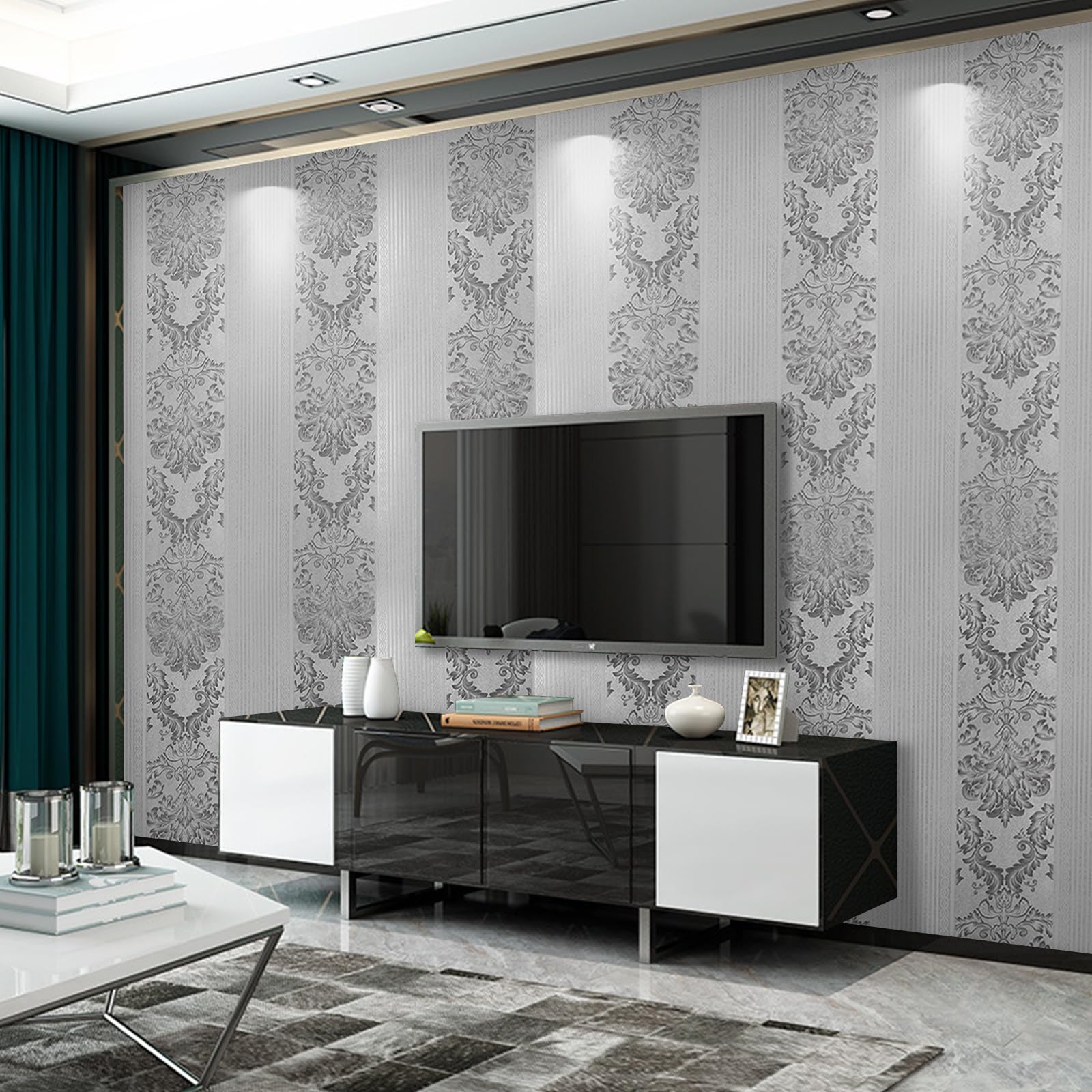 Beswitory Silver Grey Wallpaper Embossed Feature Floral Wallpaper Modern Minimalist Flocking Textured Wall Paper for Bedroom Living Room TV Backdrop Hallway Hall Lounge