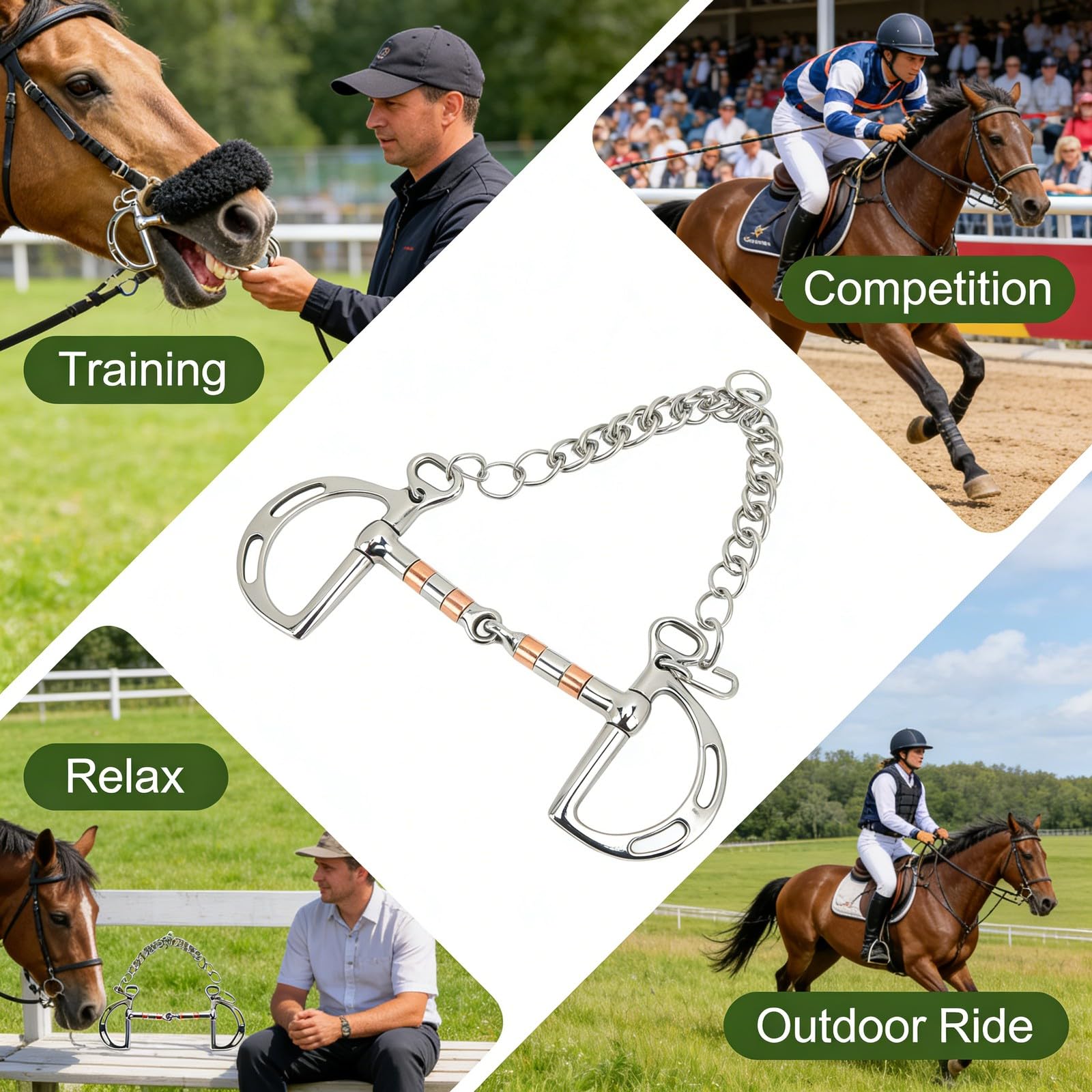Freno para Caballos Acero Inoxidable con Cobre y Cadena, Bocado D de 125mm - Material Resistente, Fácil de Usar y Portátil para Control Seguro