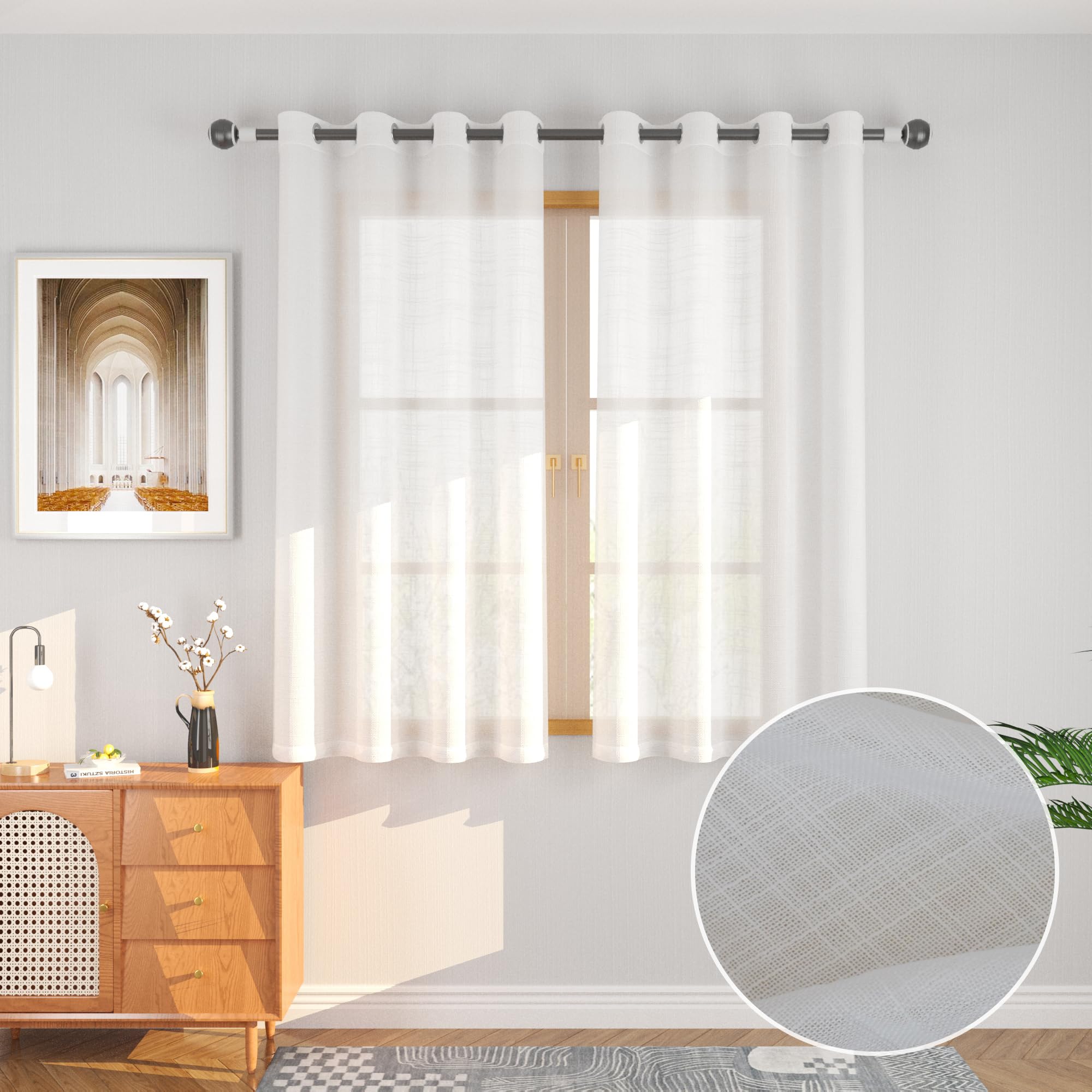 Rideaux effet lin blanc texturé haut de gamme UPOPO voilages chics 2 panneaux pour la chambre