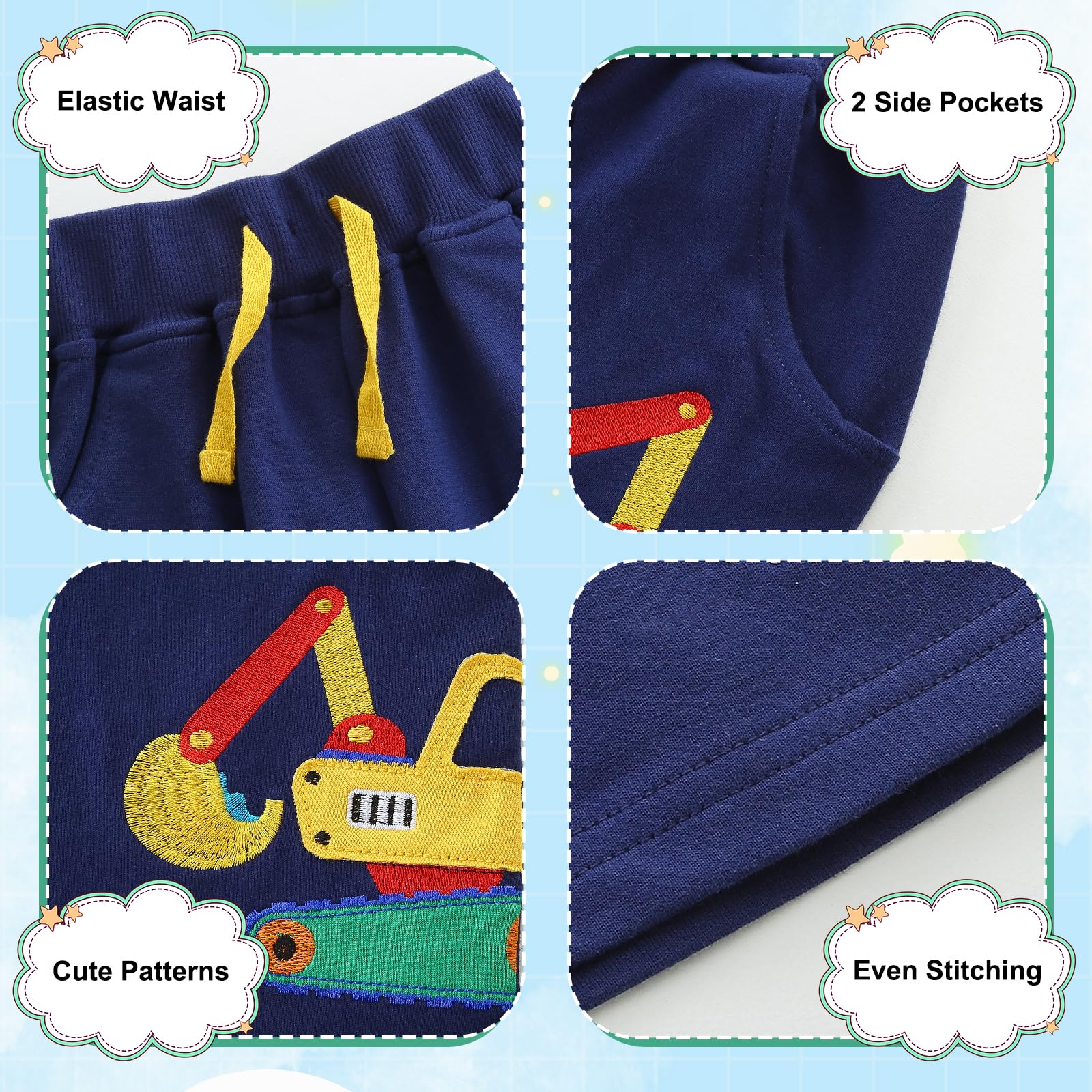JinBei Pantalon Corto Niño Verano Algodón con 2 Bolsillos Cómodos Ropa Cintura Elástica Bermudas Niños Patrón de Dinosaurio y Excavadora para Correr, Deporte, Casual, Azul Marino 2-7 Años