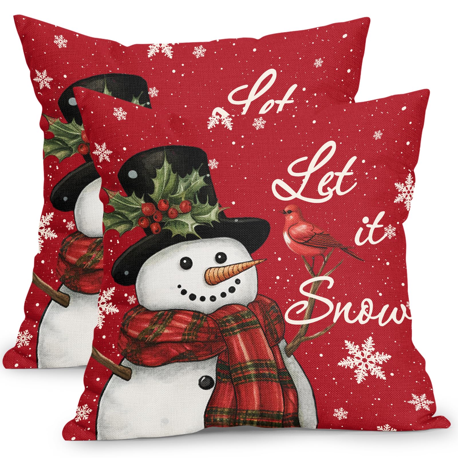 Kawani Red Christmas Pillow Covers 18x18 Inch Winter Snowman Snowflake Bird Throw Pillows Set of 2 Xmas Rustic Farmhouse Pillowcases Cushion Covers for Holiday Indoor Outdoor Couch Decor