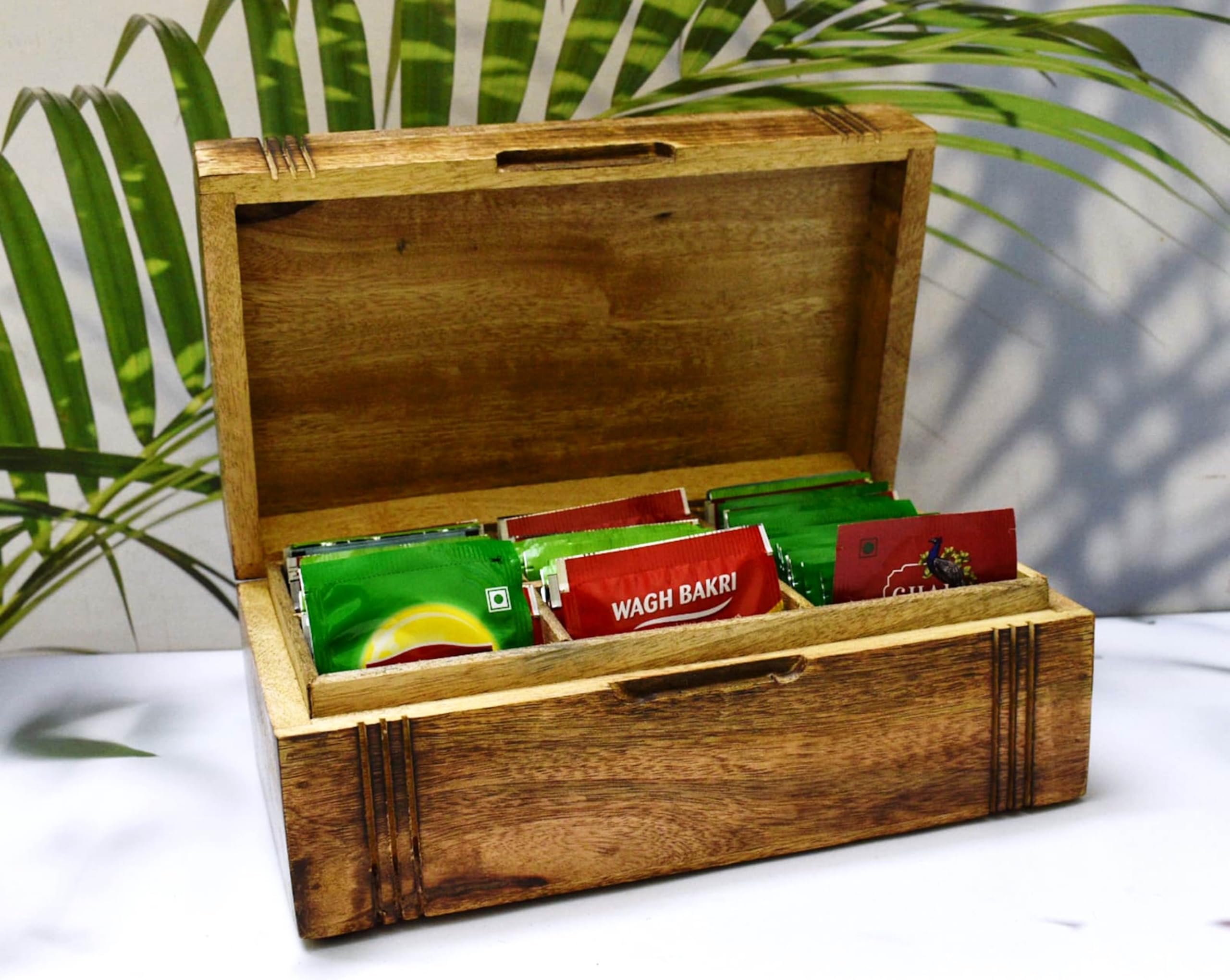 Teebox aus Holz – Teebox für Teebeutel Organizer – Gravierte Teetruhe aus Hartholz mit 6 Fächern – Tee-Aufbewahrungsbox Multifunktional – Holz Teebox Organizer – 25,4 x 15,2 cm (6 Fächer)