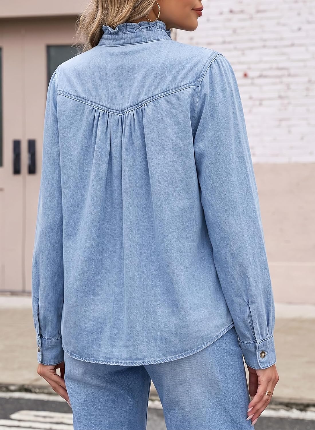 Sidefeel Womens Denim Shirt Button Down Long Sleeve Jean Blouses Tops image 4