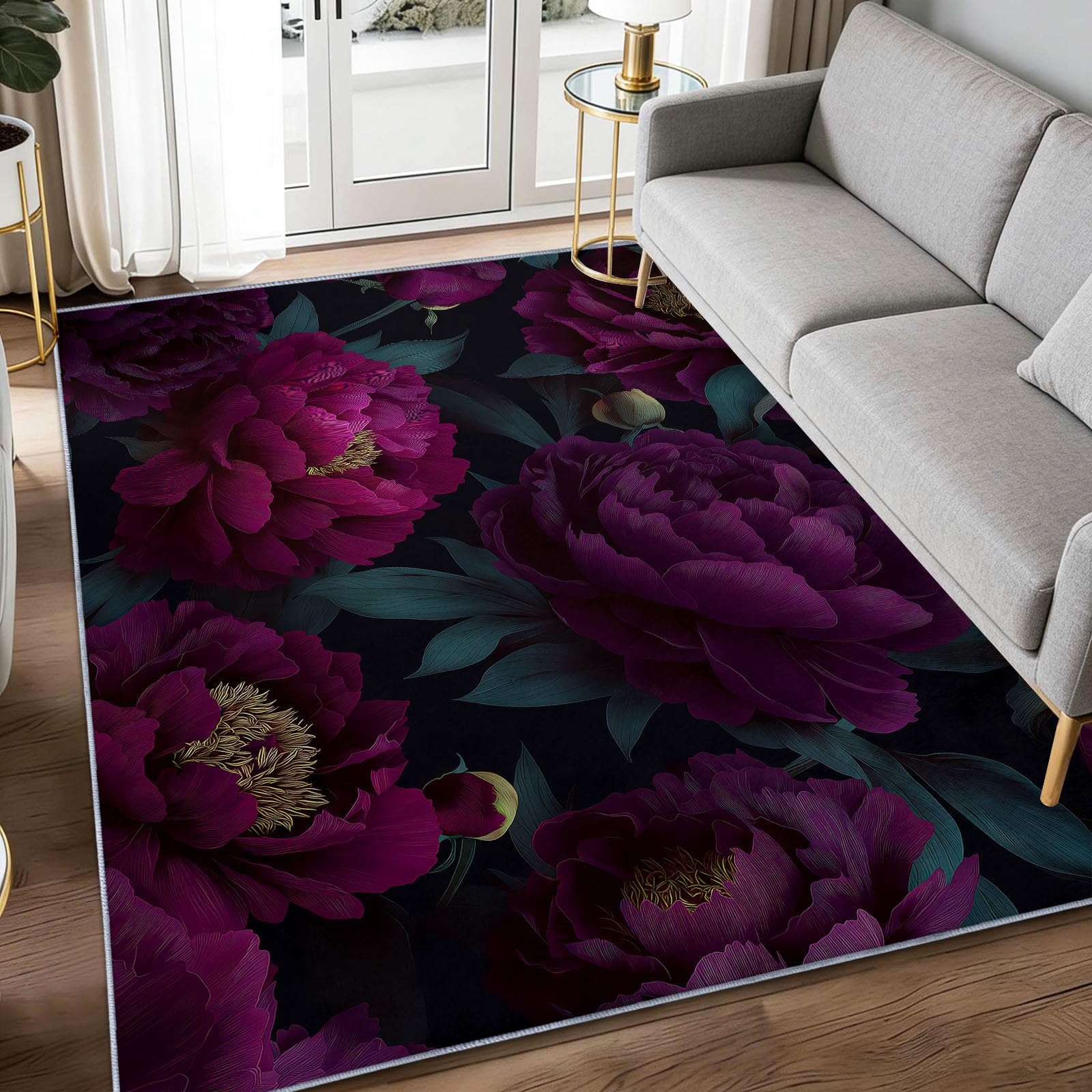 Tapis de salon moderne pivoine pourpre 120x180 cm lavable