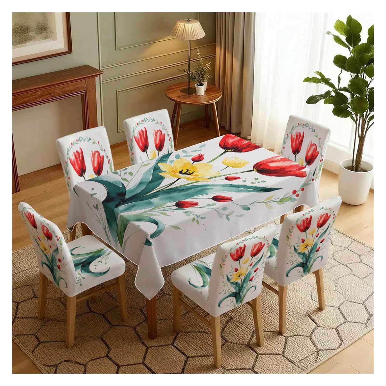 BOSUYBN Watercolor Red Yellow Tulip Floral Printed Dining Tablecloth & Chair Covers Set, 5/7 Piece Fresh Spring Cottage Home Decor Table Setting(7pcs Set: Tablecloth+Chair Covers)