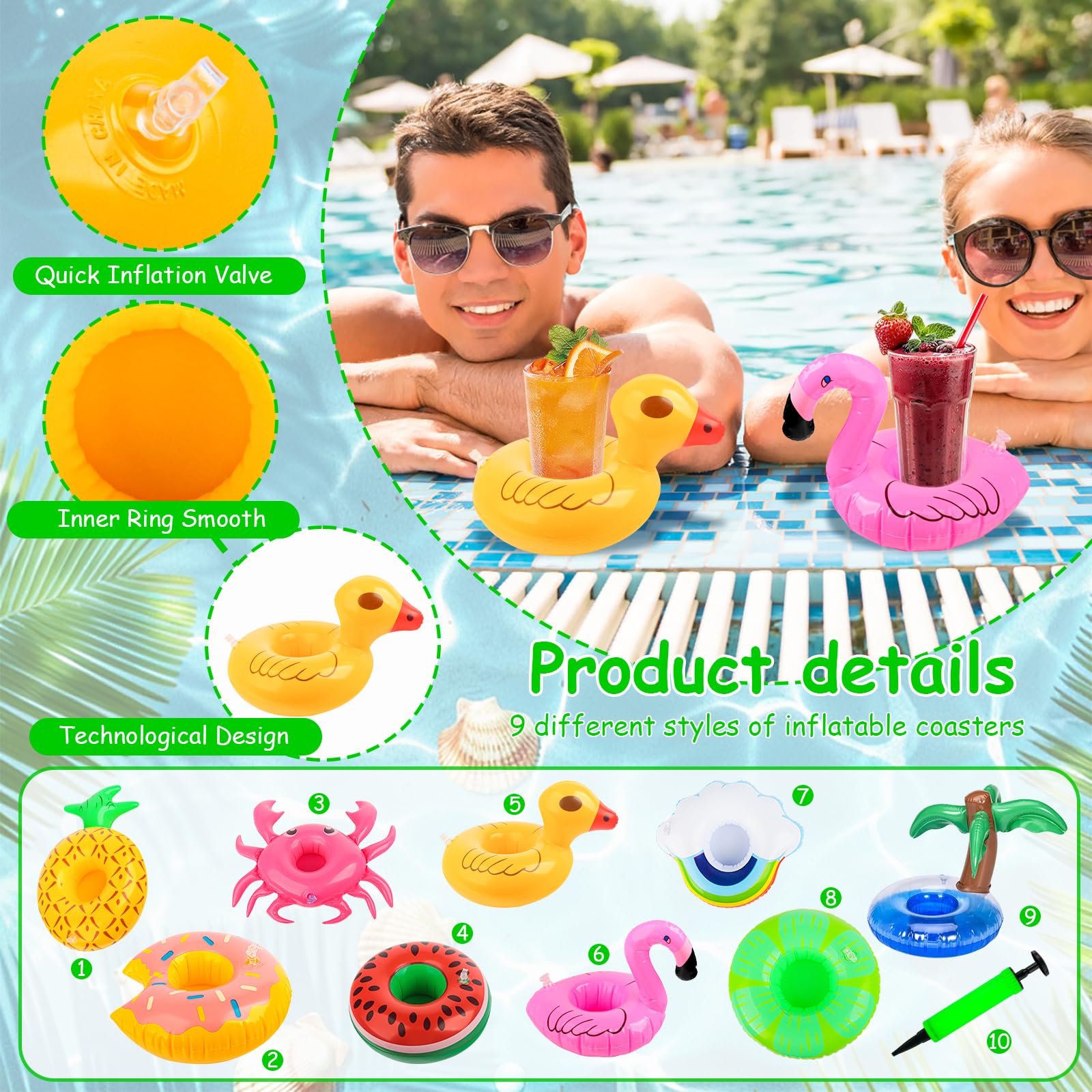 Aufblasbare Getränkehalter Mini Flamingo Palme, 9-teiliges Set mit Luftpumpe für Sommer, Hallenbad, Freibad, Strand