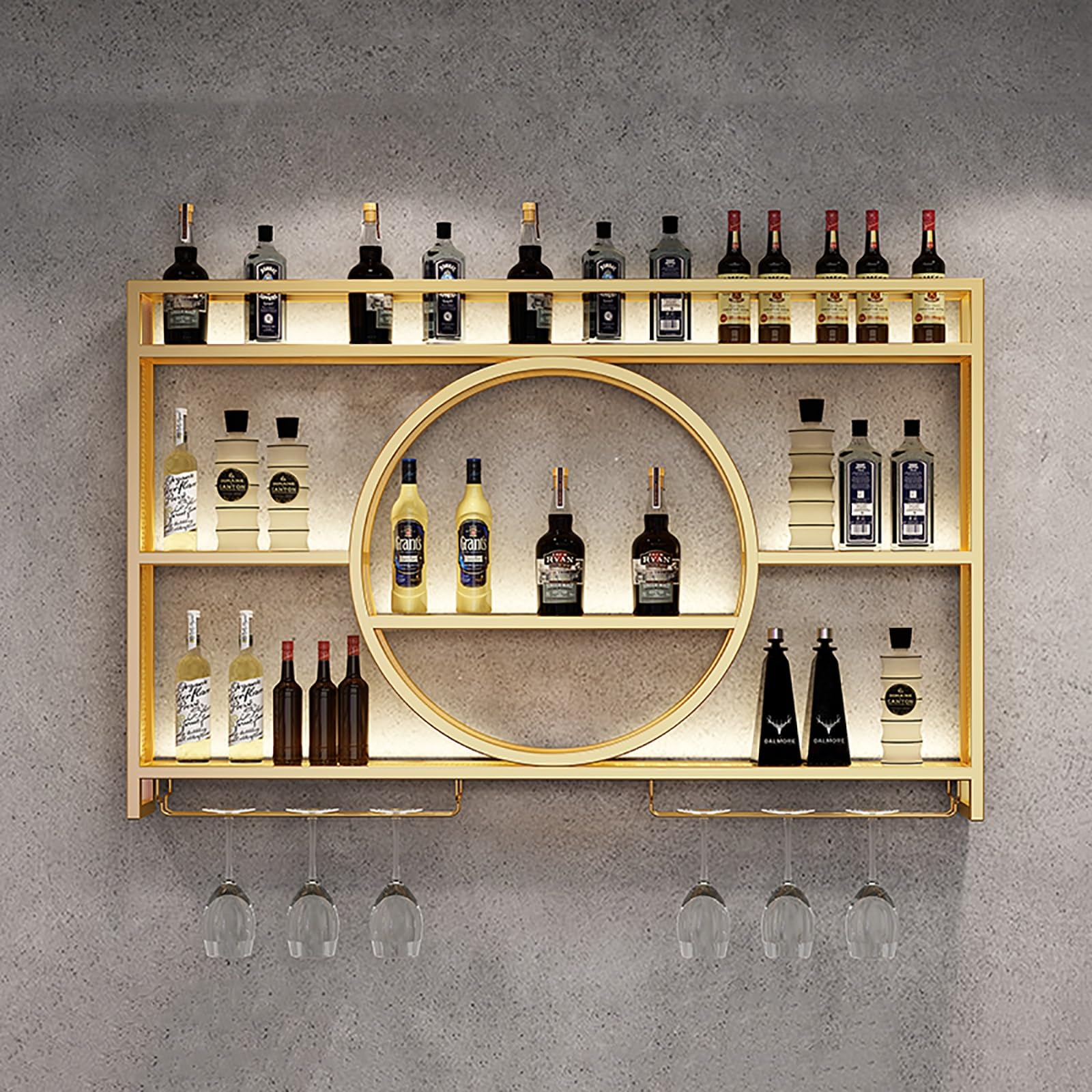 Casier à vin mural en métal avec éclairage LED et support verre