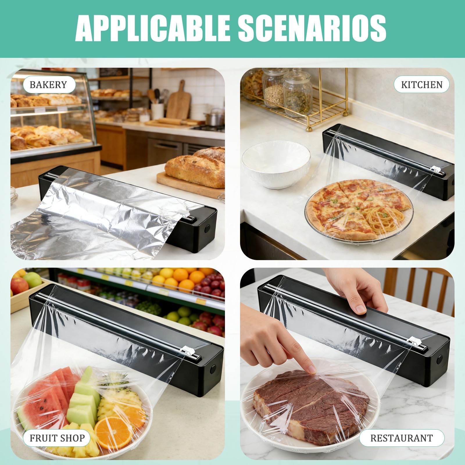 Derouleur Film Alimentaire, Distributeur Film Alimentaire à Ventouse, distributeur papier aluminium et film pour Cuisine Domestique, Restaurant, sans Percer, Coupe Lisse, 36x6x7cm