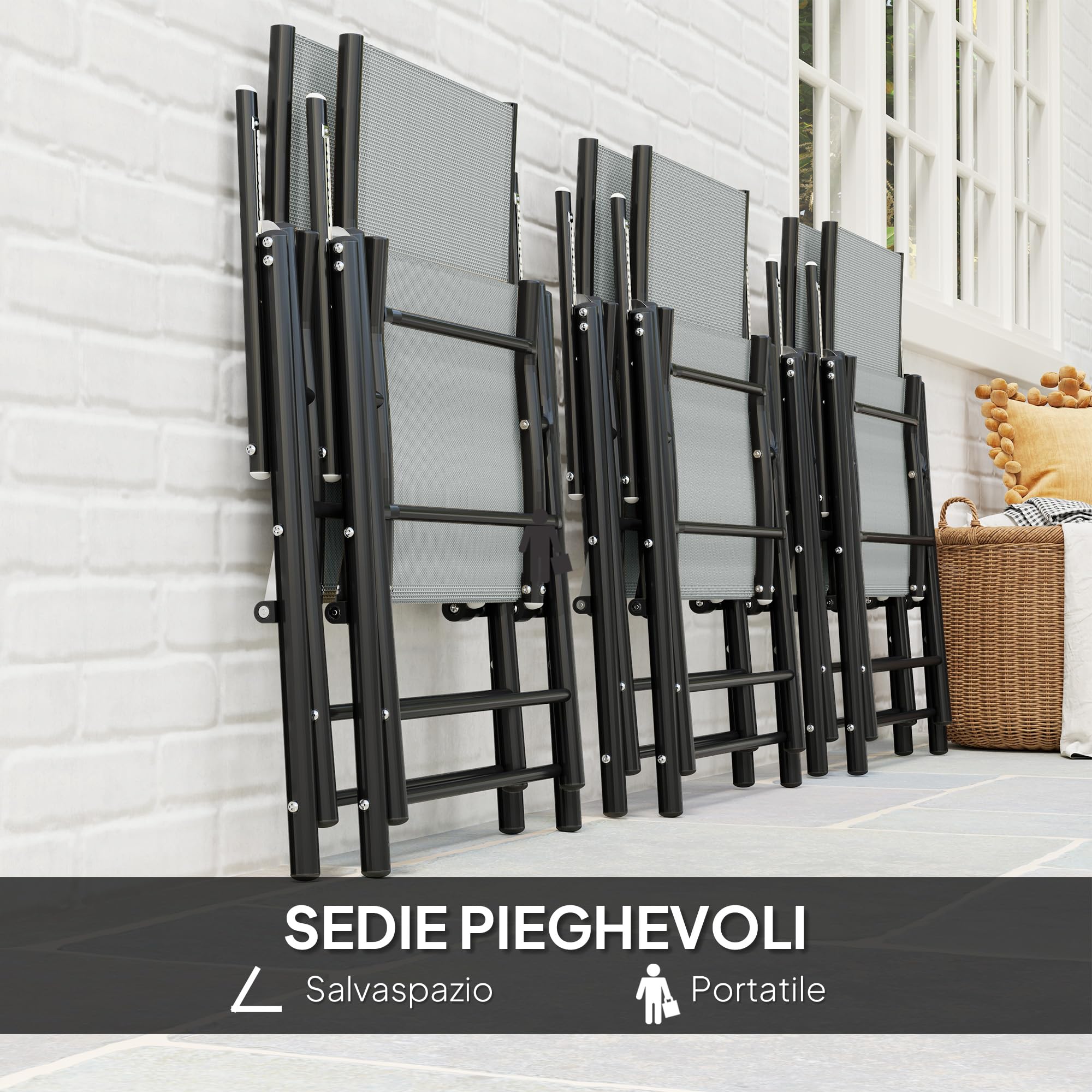 Outsunny Set Tavolo e Sedie da Giardino da 7 Pezzi Rettangolare Grigio | Tavolo da Pranzo con Foro per Ombrellone, 6 Sedie Pieghevoli da Esterno con Schienale Alto, in Acciaio