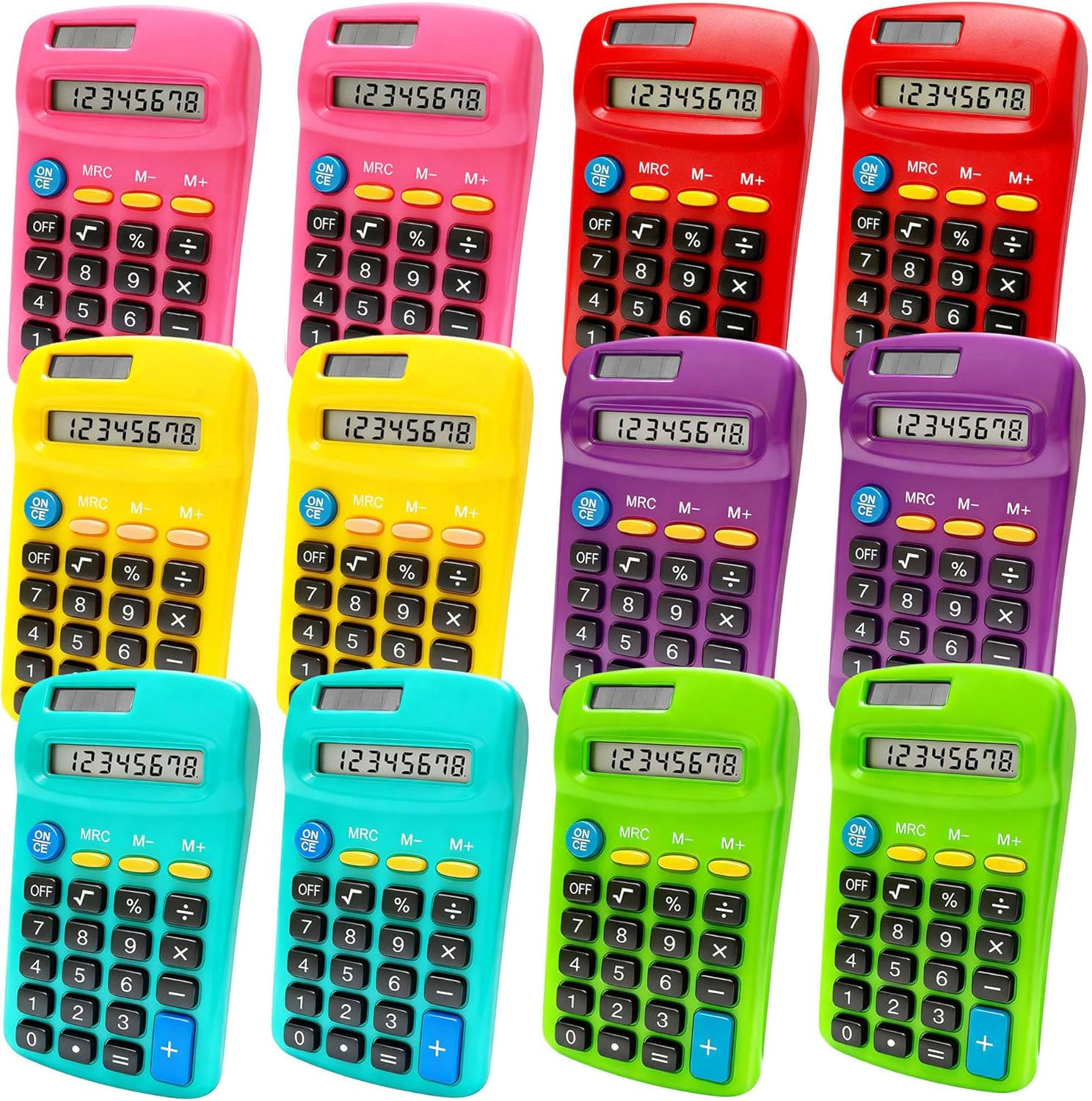 12 Pack Pocket Calculator Bulk: 8 Digit Hand Held Basic Calculator Small Solar Battery Dual Power Mini Calculators for Classroom Students Desktop School Home Office (Multicolor, 12 Pcs)