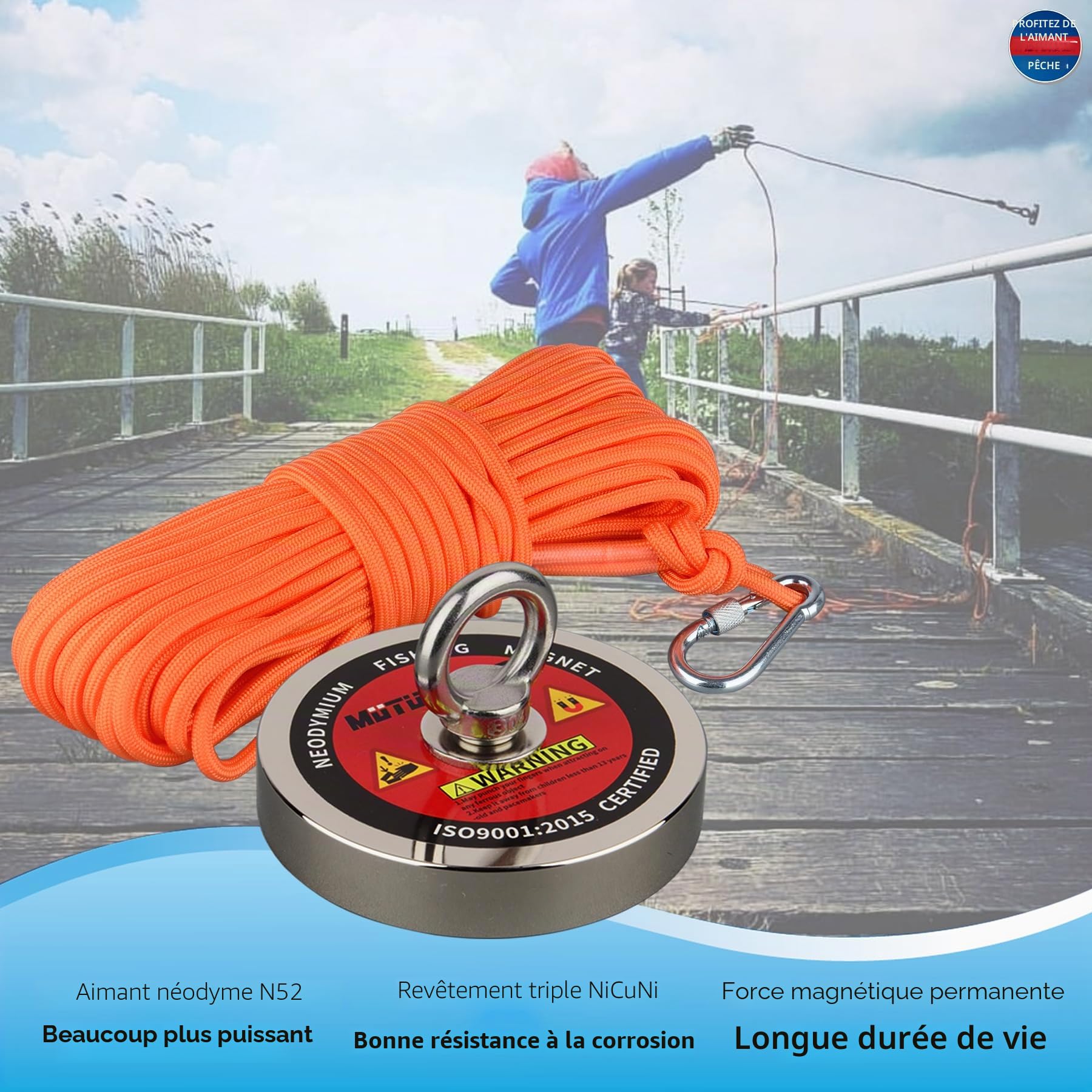 Mutuactor Aimant de pêche néodyme Pull-Force de 500kg, aimant puissant de rappel N52 avec corde durable 15m, gants et sac de transport, aimant de magnétique robuste pour la chasse au trésor