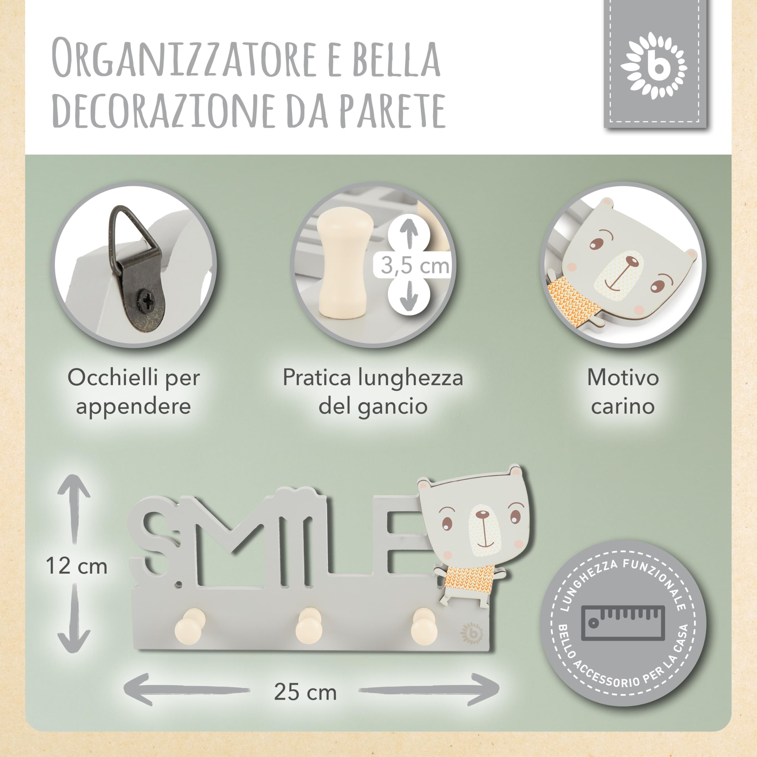 Bieco Smile Gancio appendiabiti per bambini in legno 25 cm 3 ganci da parete