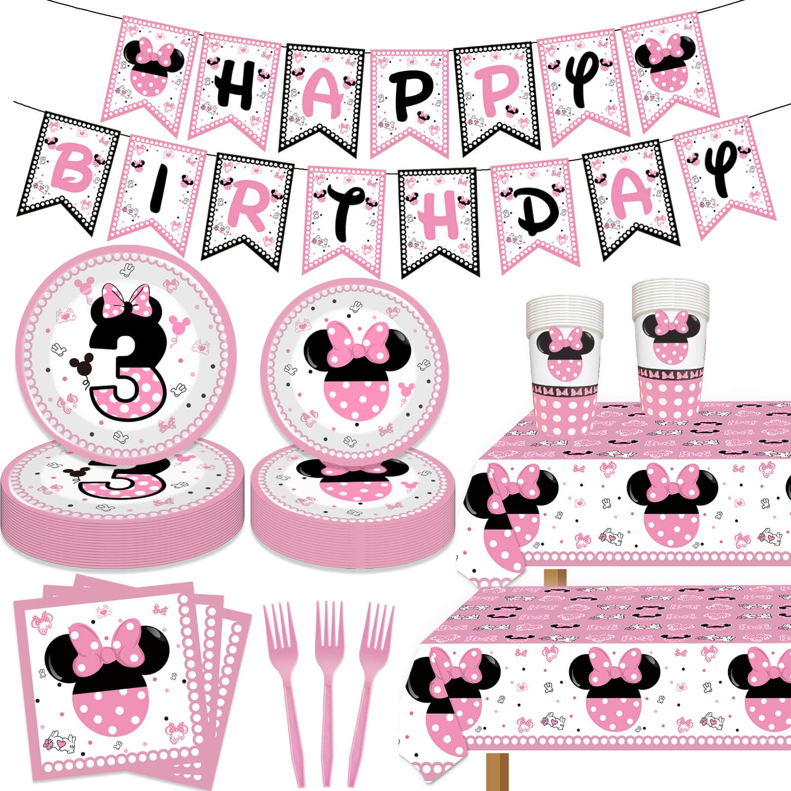 LetDec 118pcs Girls' 3rd Birthday Party Supplies - Pink Cartoon Theme - Napkins, Plates, Cups, Forks, Tablecloth, Banner