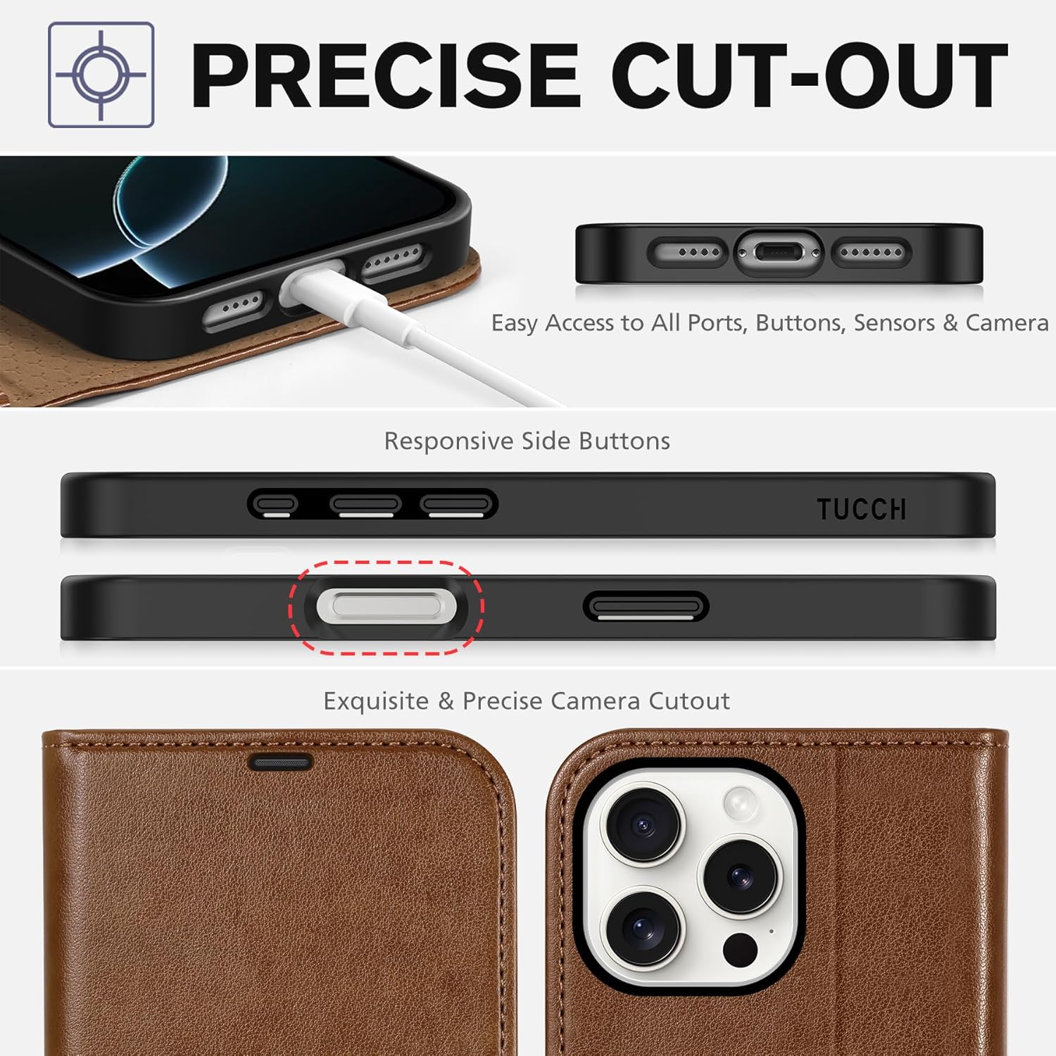 TUCCH Case Wallet for iPhone 16 Pro Max, RFID Blocking PU Leather Kickstand Flip Cover with 4 Card Slots [TPU Protective Interior Case], Magnetic Folio Compatible with iPhone 16 Pro Max, Brown