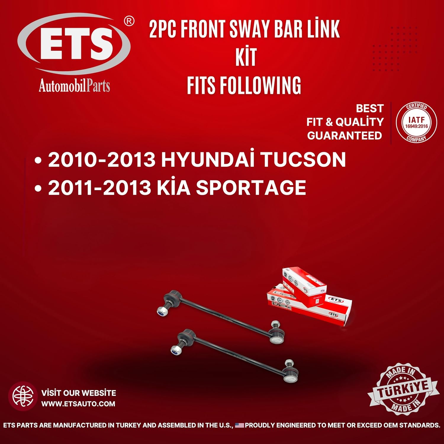 ETS 2Pc Front Stabilizer Sway Bar End Link Kit Fits 2010-2013 Hyundai Tucson / 2011-2013 Kia Sportage K750524