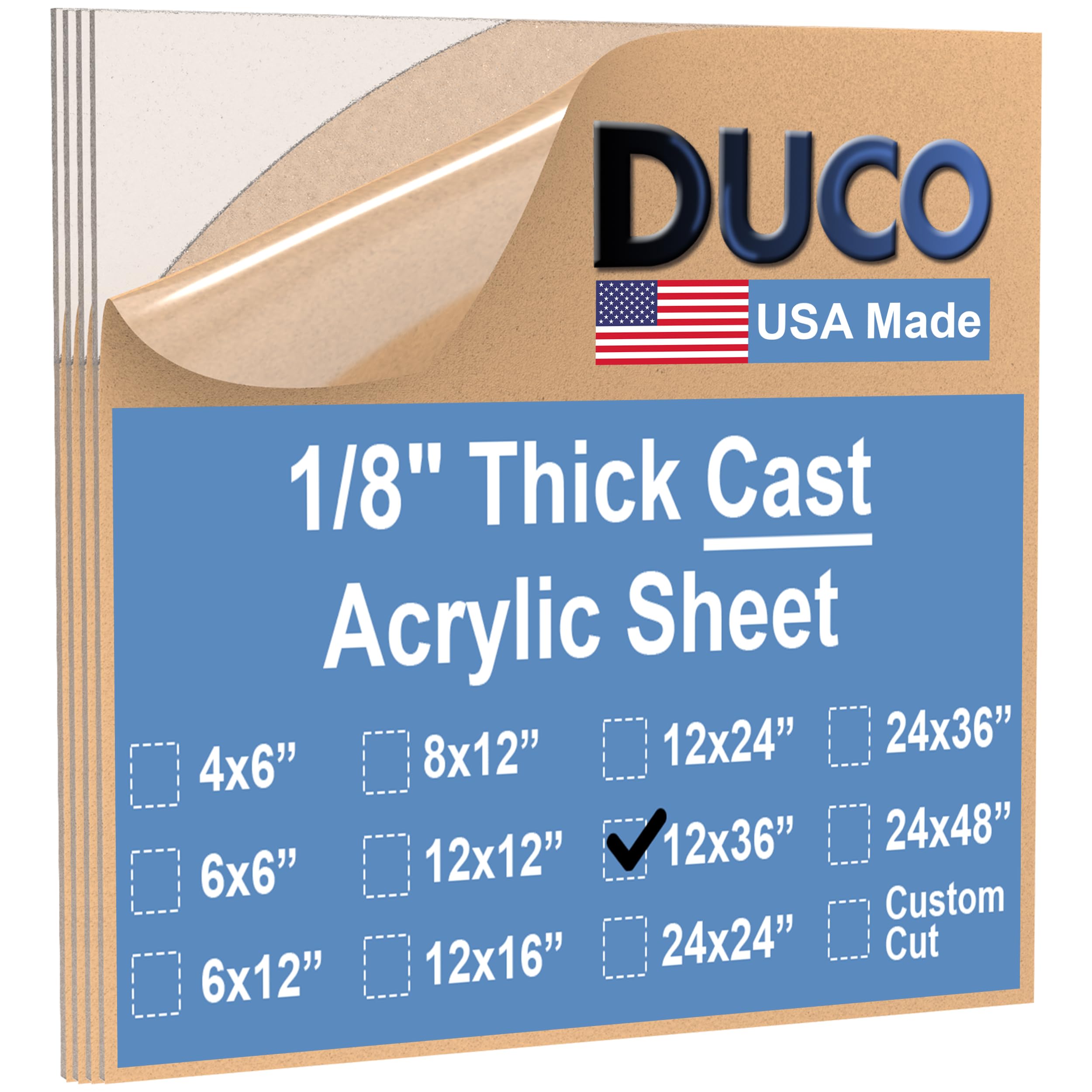 Duco USA-Made Clear Cast Acrylic Sheet 1/8 Inch Thick 12" x 36" - 4 Pack of Transparent Plexiglass Sheet - Lightweight Acrylic Board for Window