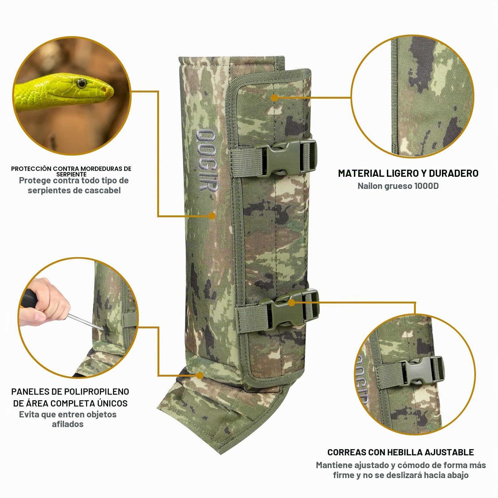 QOGIR Polainas de serpiente para cazar: protectores de serpiente duraderos, polainas de serpiente para hombres y mujeres, protección contra mordeduras de serpiente para la parte inferior de las