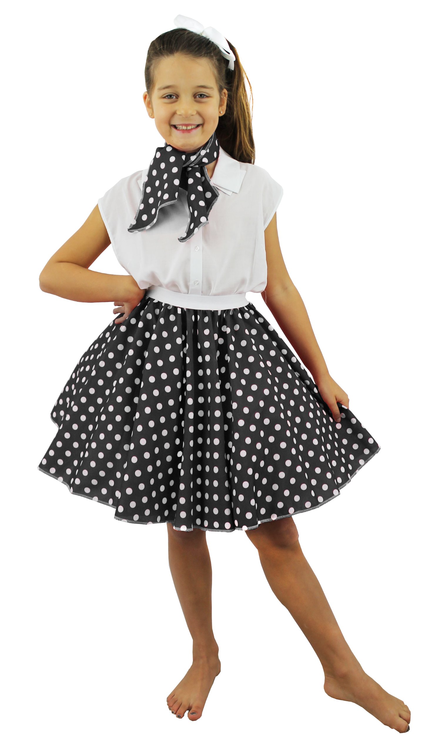 Jupe Courte Noir A Pois Blanc ILOVEFANCYDRESS pour Enfant avec Son Foulard Assorti Style Annee 50