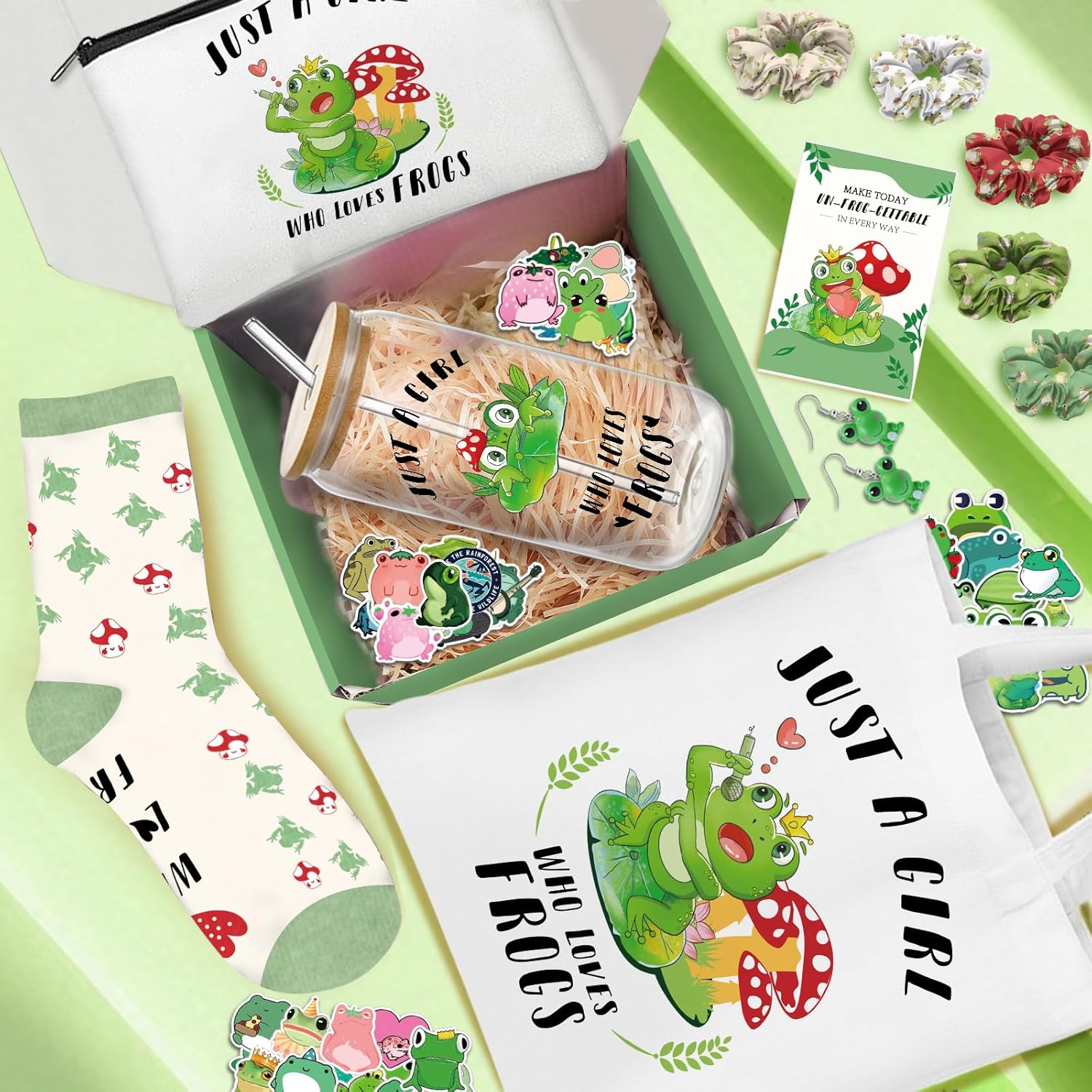 Frog Gifts for Women Cute Frog Lovers Stuff Gifts Include 16oz Glass Cup Tote Bag Maekup Bag 5 Hair Ties Earrings Socks Stickers & Card for Birthday Christmas (Classic) - Image 8