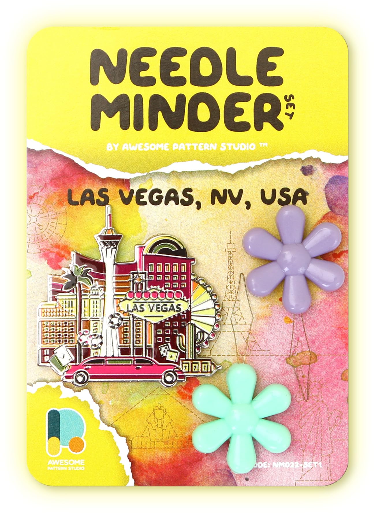 Awesome Pattern Studio Needle Minder Set - Las Vegas Magnetic Needle Minder + 2 Needle Threaders. Enamel Pin for Cross Stitch, Embroidery and Craft