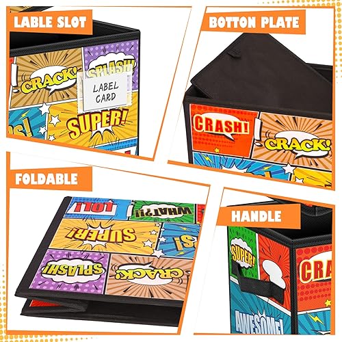 Miniatura 3 de Leffis Caja de cómics plegable con patrón, contenedor de cómics con tapa totalmente cerrada y ranura para etiquetas, 13.8 x 7.5 x 9.6 pulgadas,