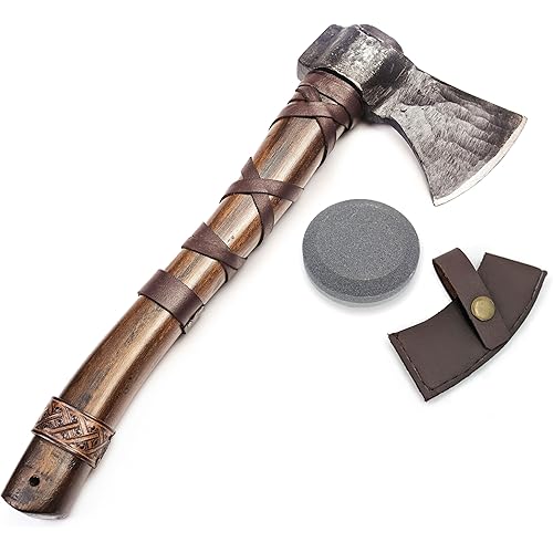 Norse Tradesman 14" Viking Throwing Axe - Fully Sharpened Norse Hand-Axe - Carbon Steel Axe Head with Premium Leather Cross-Stitch and Sharpening Stone