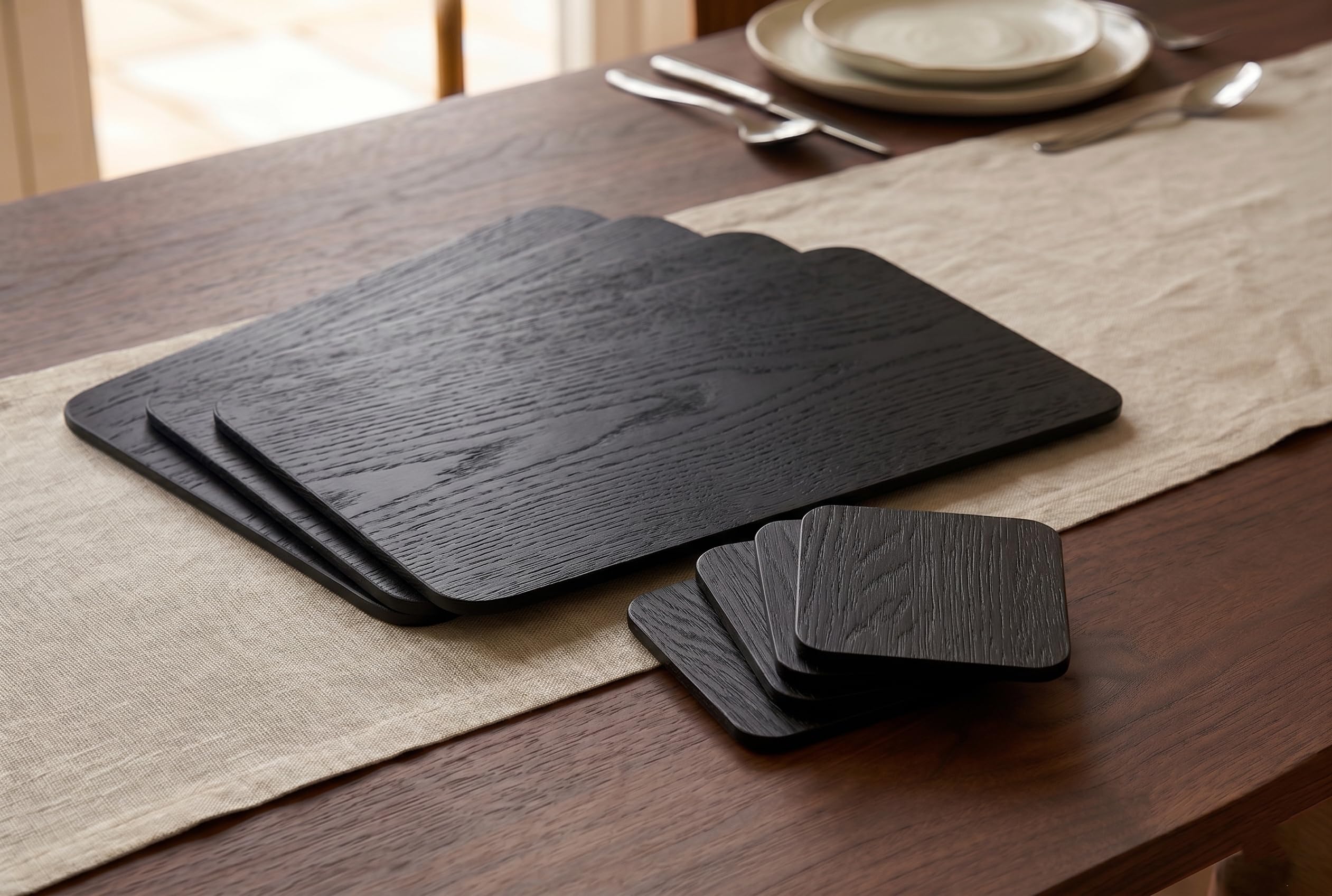 Biznest Set Of 4 Placemats & 4 Coasters Wood Veneer Rectangular Black Dining Table Linens Setting Mats Plain Design Home Decor Surface Protector Round Corners Stylish Kitchen Serveware 29 X 21.5 Cm