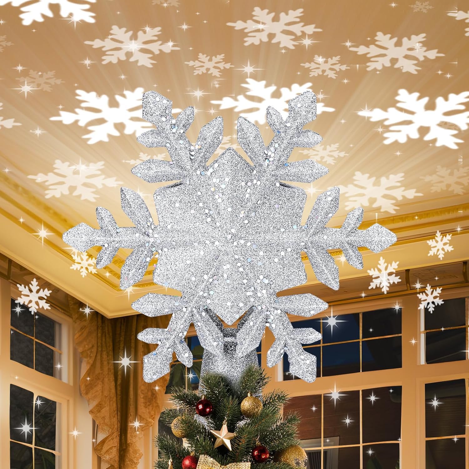 Christmas Tree Topper Lighted with 6 Projection Slides, PliMook Snowflake Christmas Tree Topper LED Rotating 3D Lighted Tree Toppers Glitter Tree Topper Projector for Christmas Tree(Silver)