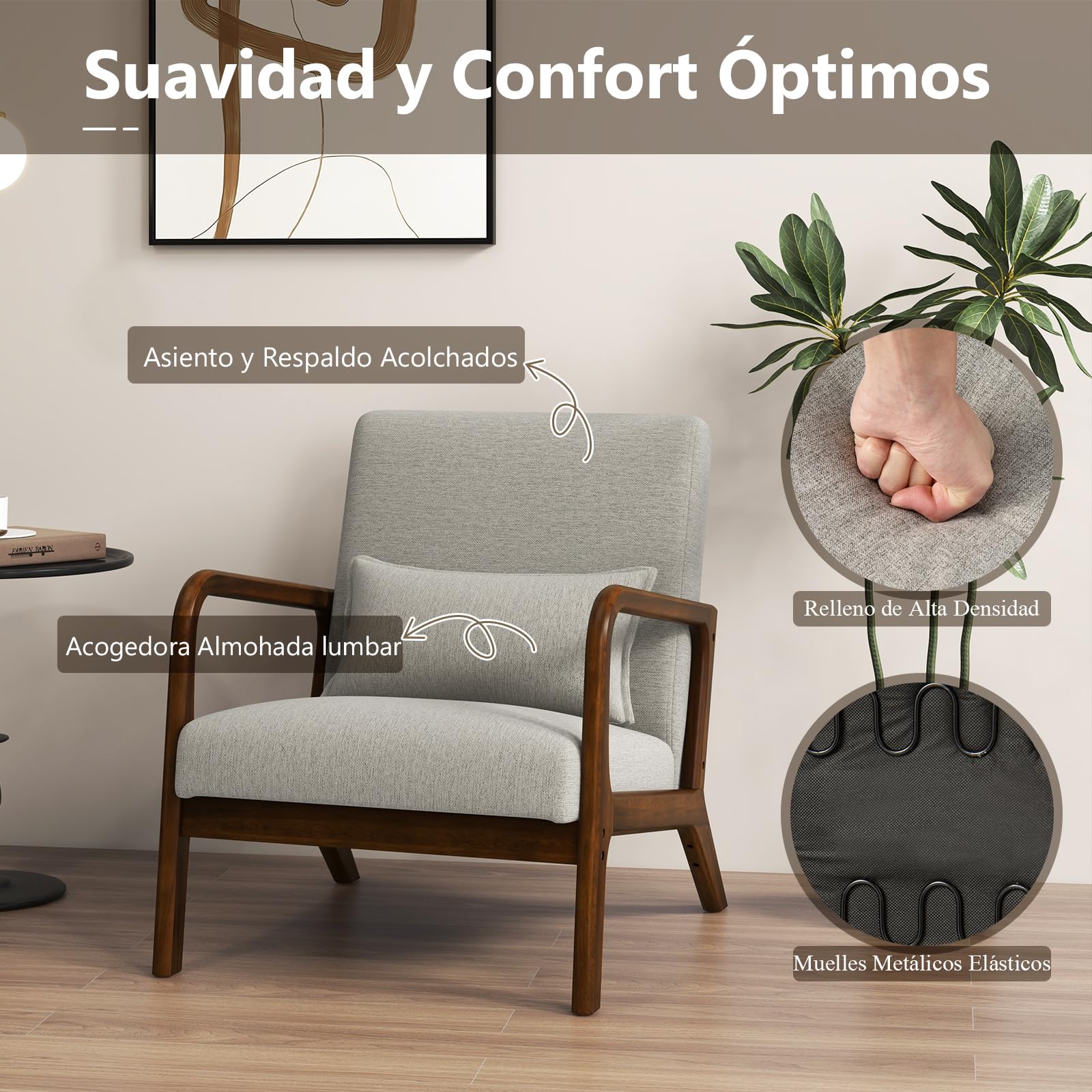 GIANTEX Silla de Ocio Moderna, Butaca de Lectura con Asiento Acolchado y Respaldo, Sillón de Madera de Goma con Cojín Lumbar, Silla Individual de Relax para Estudio, Salón (Gris)
