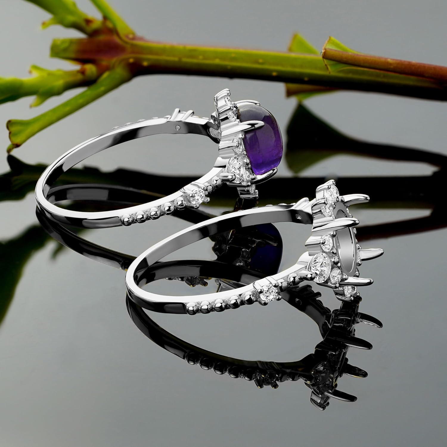 925 Silver Ring Blank – 8 mm Halo Setting with 10 CZ and 4 Side Stones, Rhodium Plated – Fine Jewelry for Custom Engagement or Statement Rings