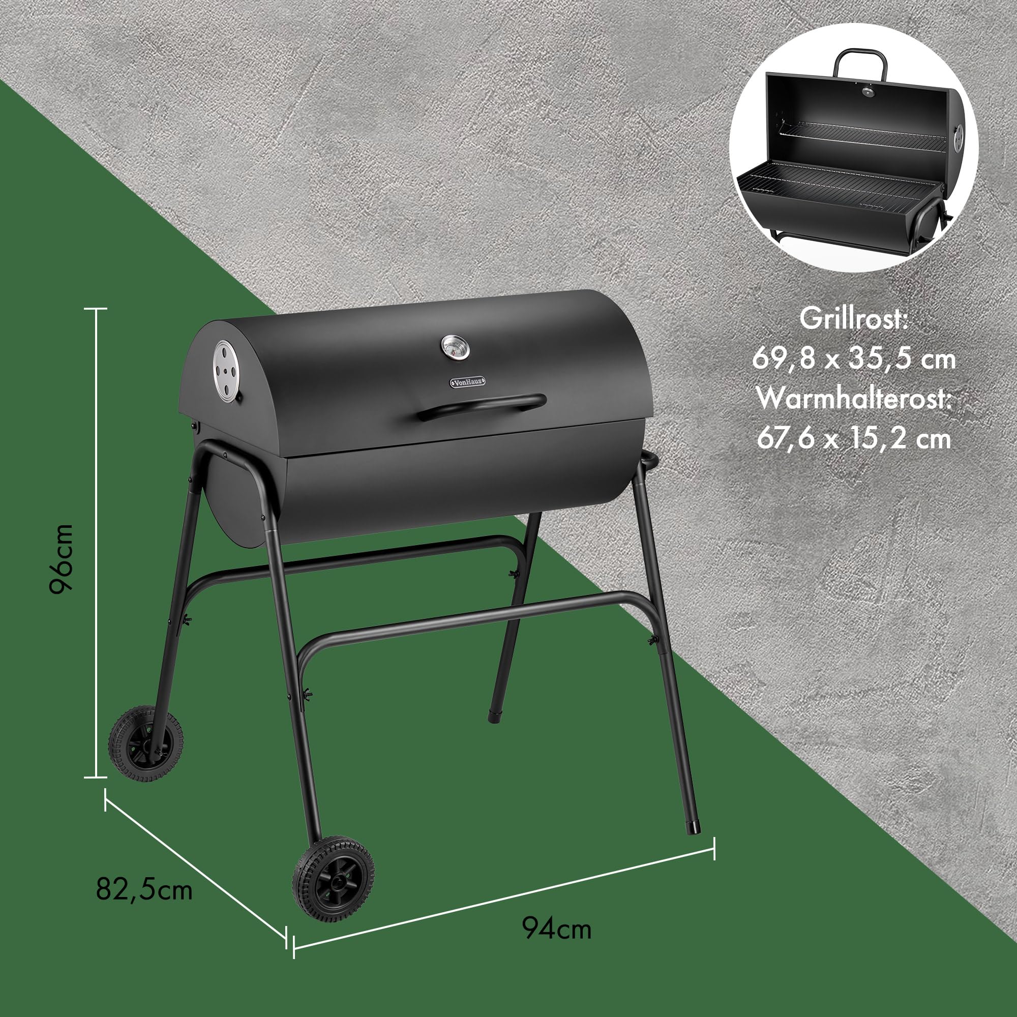 VonHaus Holzkohlegrill mit Deckel, W70 x D35cm Grillrost | Tragbarer BBQ Grillwagen mit Rädern, Warmhalterost und Temperaturanzeige, 2-in-1 Barbecue Smoker für Fleisch, Fisch & Gemüse