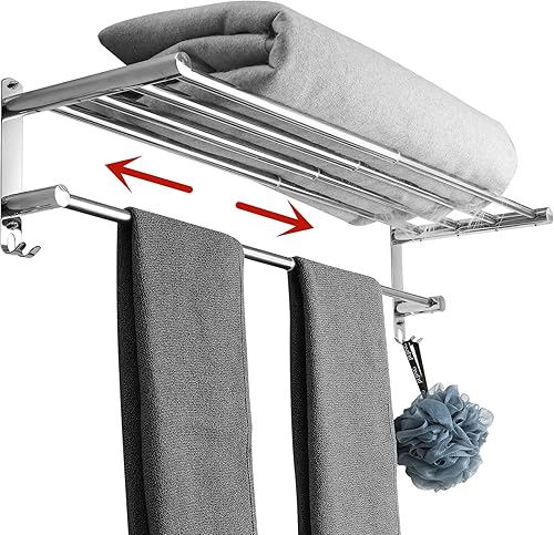 Toallero elástico de 19.7-31.5 pulgadas, estante de baño, acero inoxidable 304, montaje en pared con gancho, ahorra espacio de almacenamiento,