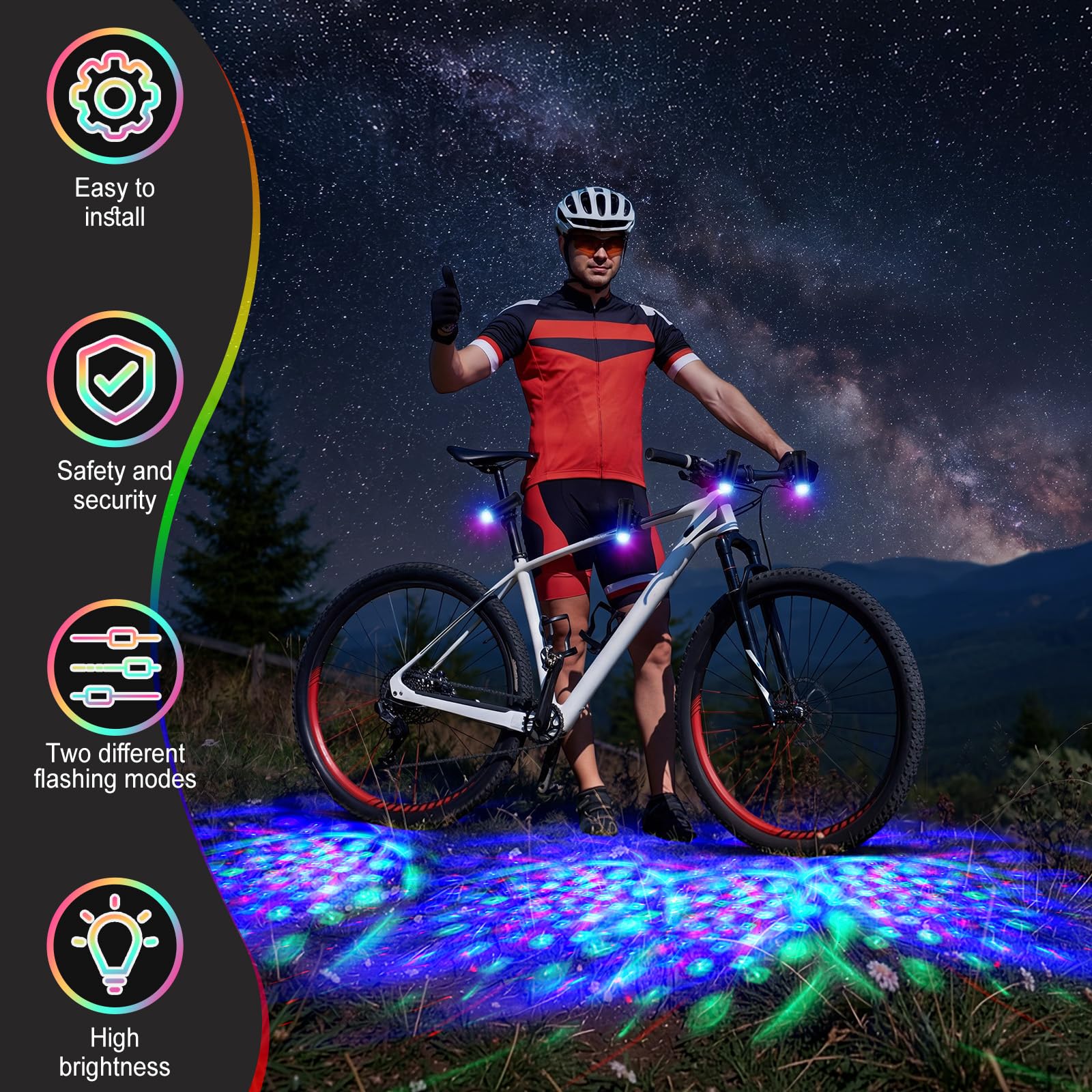 Lumière LED pour vélo, scooter, discothèque, lumière tricolore, clignotant, accessoire de cyclisme amusant, cadeau de Noël, 3 piles AAA incluses