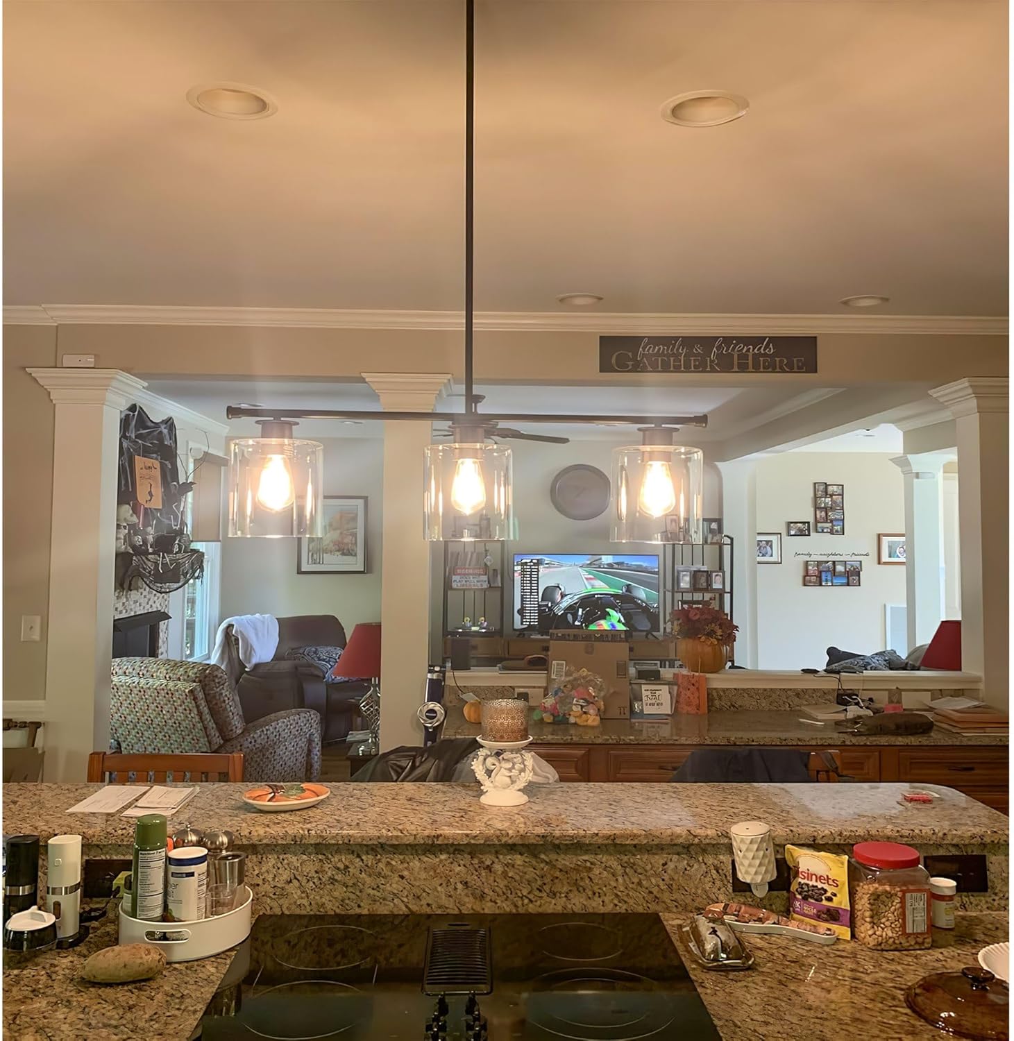 Kira Home Sloane 31" 3-Light Modern Industrial Farmhouse Island Light + Clear Glass Cylinder Shades, Adjustable Hanging Height, Oil Rubbed Bronze Finish