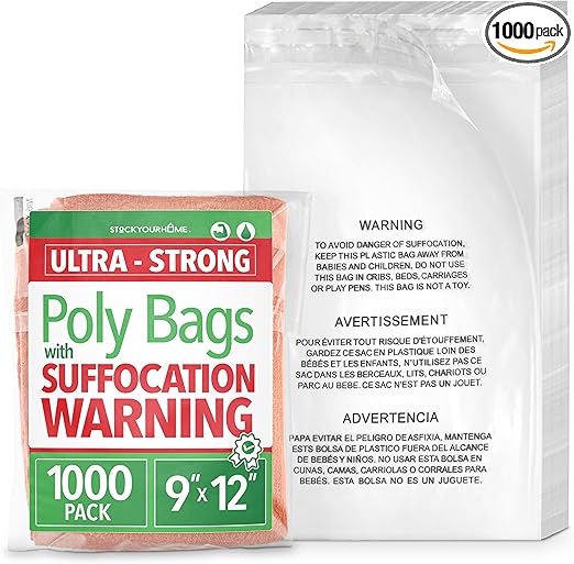 9” x 12” Self-Sealing Clear Poly Bags (1000 Pack), Packing Envelopes with Suffocation Warning for Shipping & Mailing Clothing and Toys, Small Business Supplies