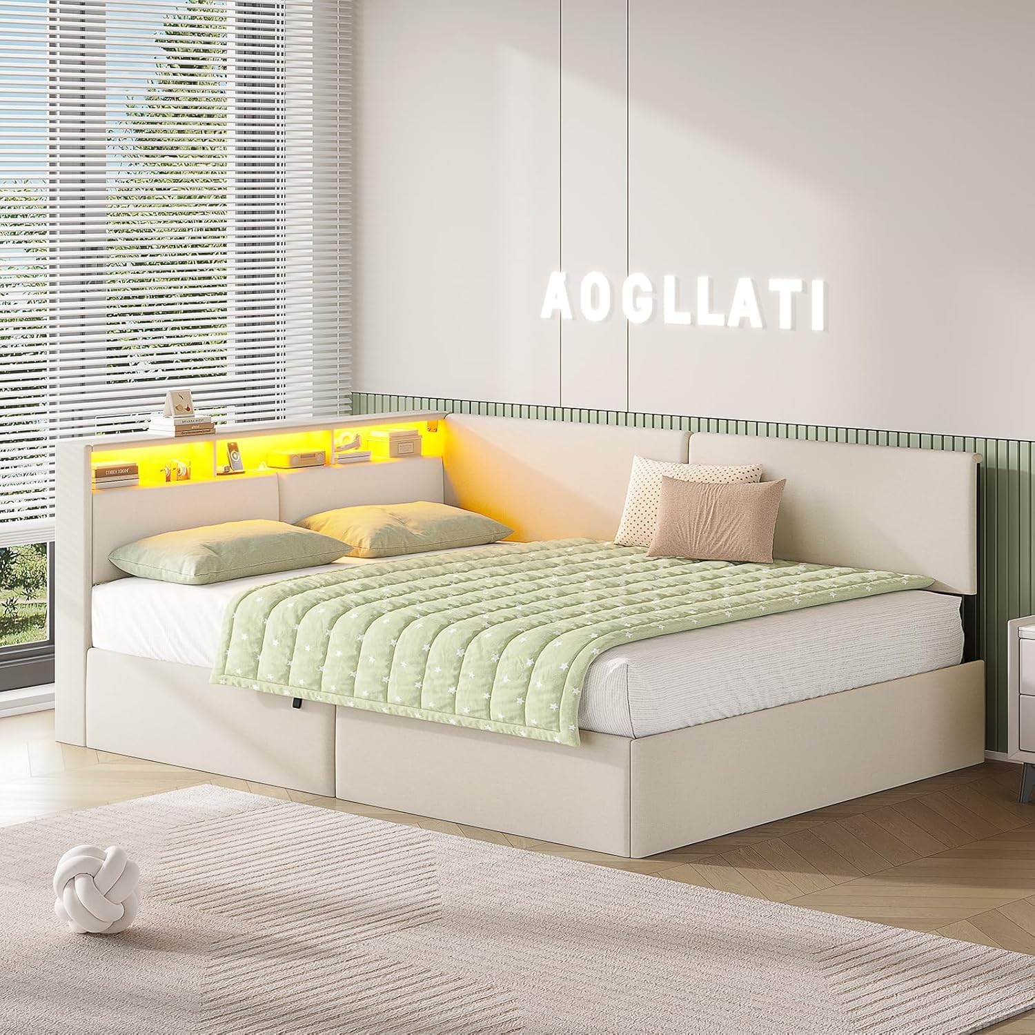 AOGLLATI Canapé 140x200 cm con Almacenamiento Hidráulico, Sofá Cama Matrimonio con Cabecero Tapizado y Luz LED Regulable, Estructura Camas Matrimoniales con Estación de Carga, Cama Juvenil, Beige