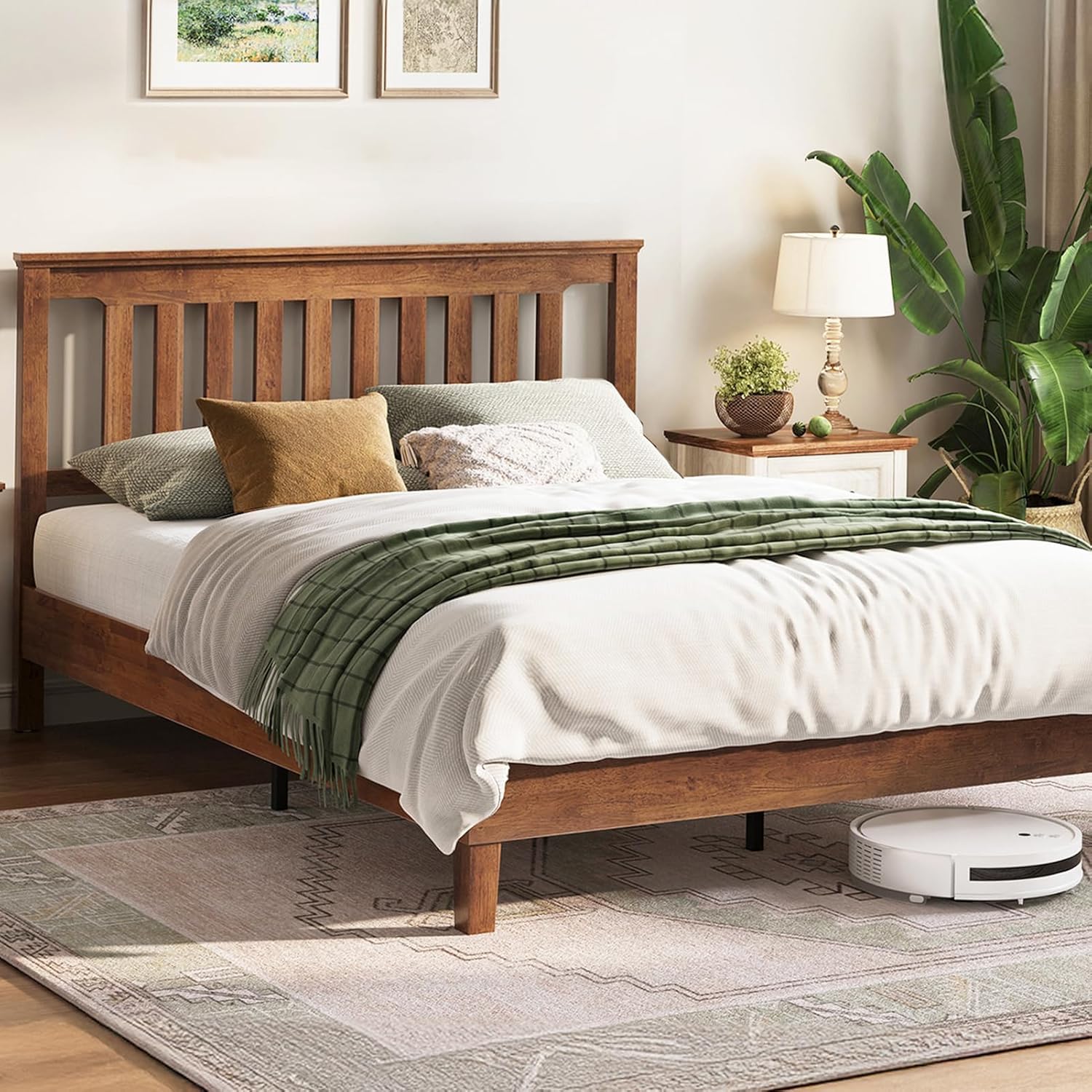 LINSY Wood Queen Bed Frame, Solid Wood Platform Bed Frame with headboard, Wooden Bed Queen Size with Wood Slat Support, No Box Spring Needed, Queen ( One in stock is ESPRESSO COLOR)